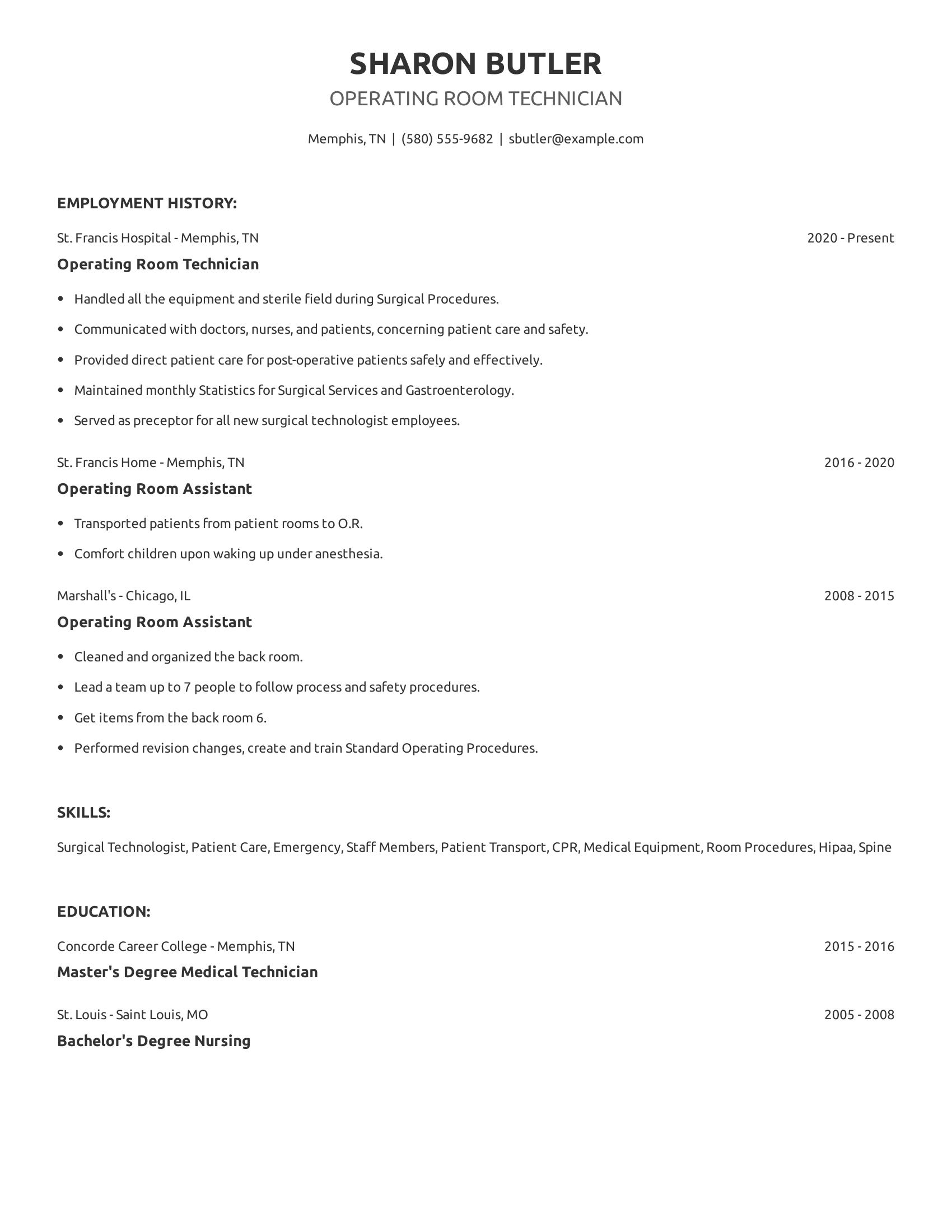 Operating Room Technician resume example