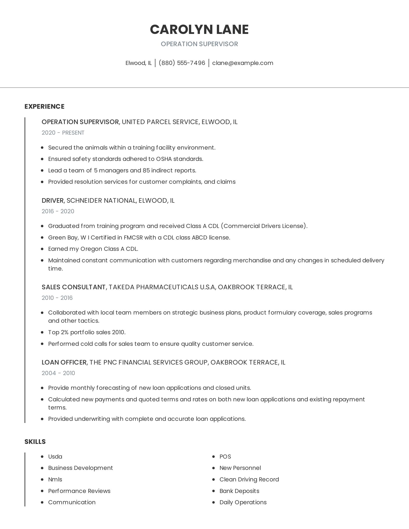 Operation Supervisor resume example