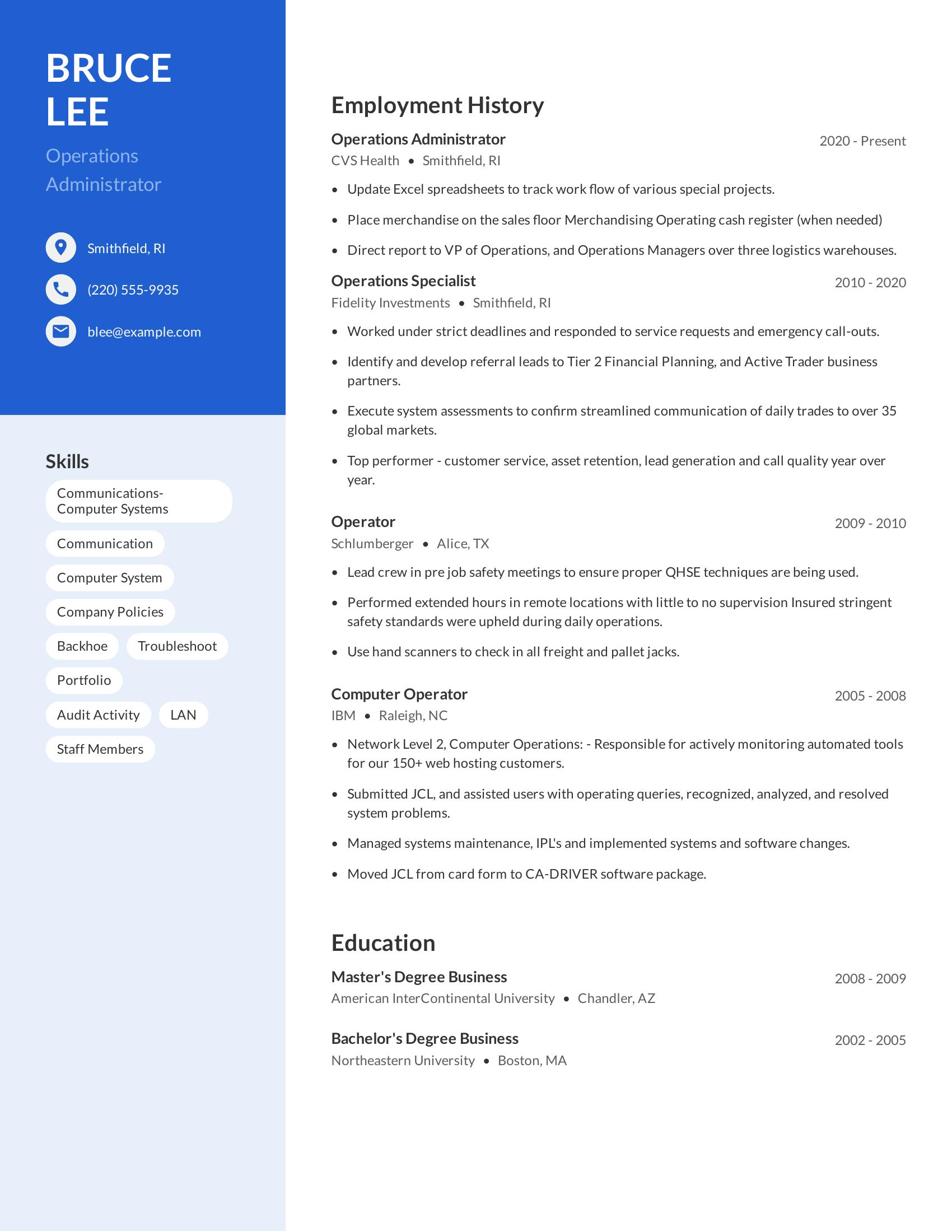 Operations Administrator resume example