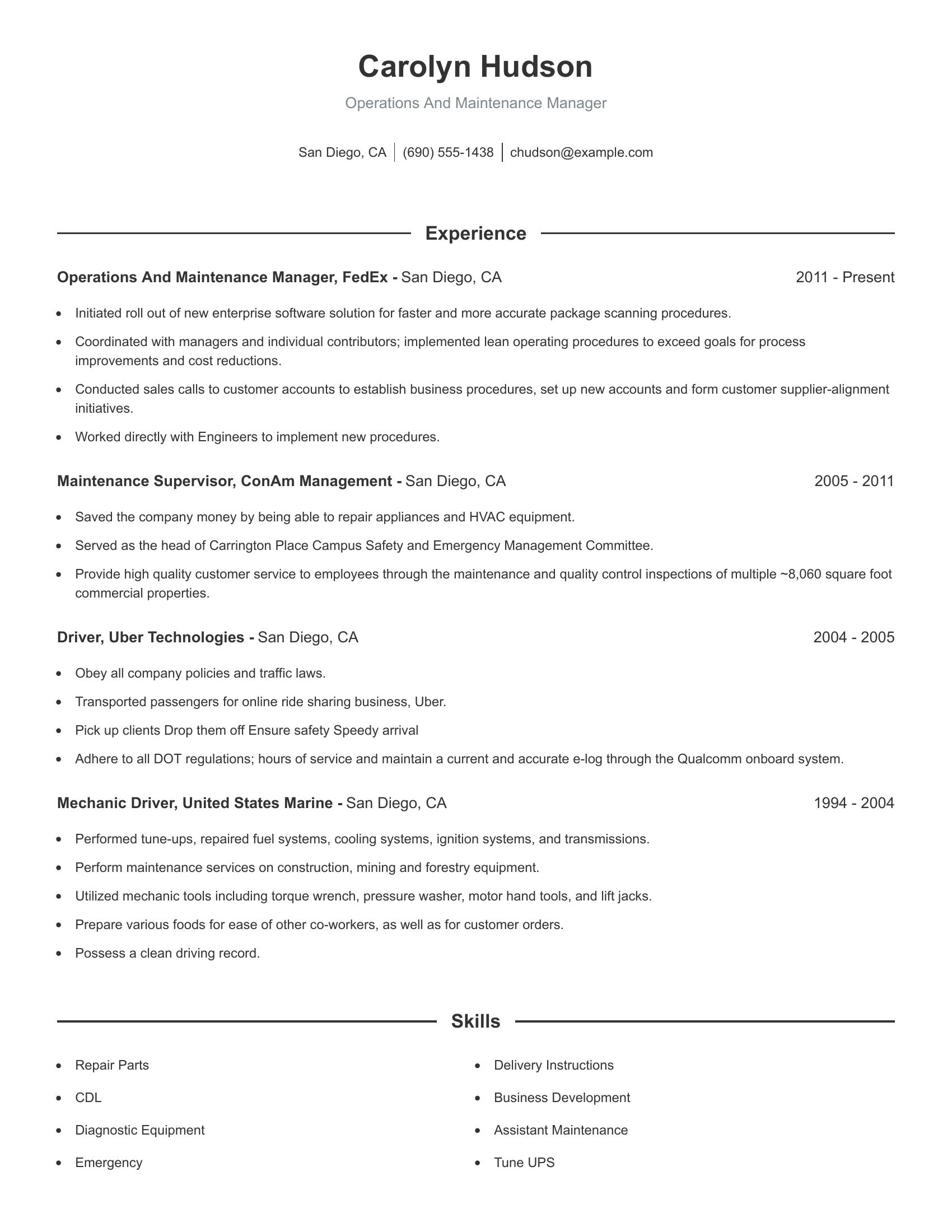 Operations And Maintenance Manager resume example