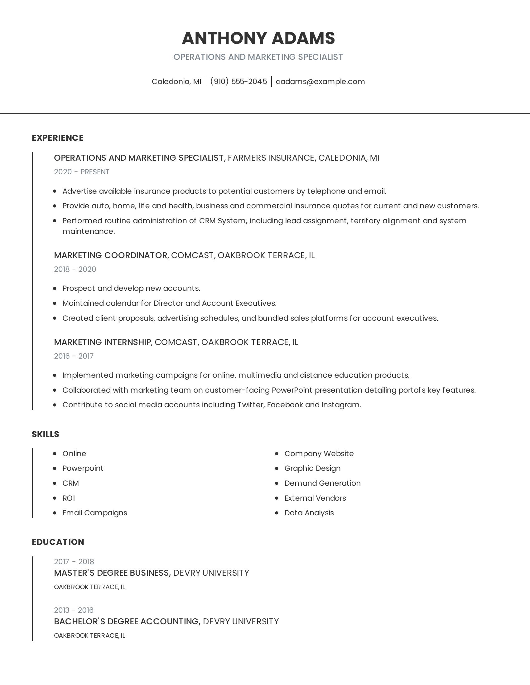 Operations And Marketing Specialist resume example