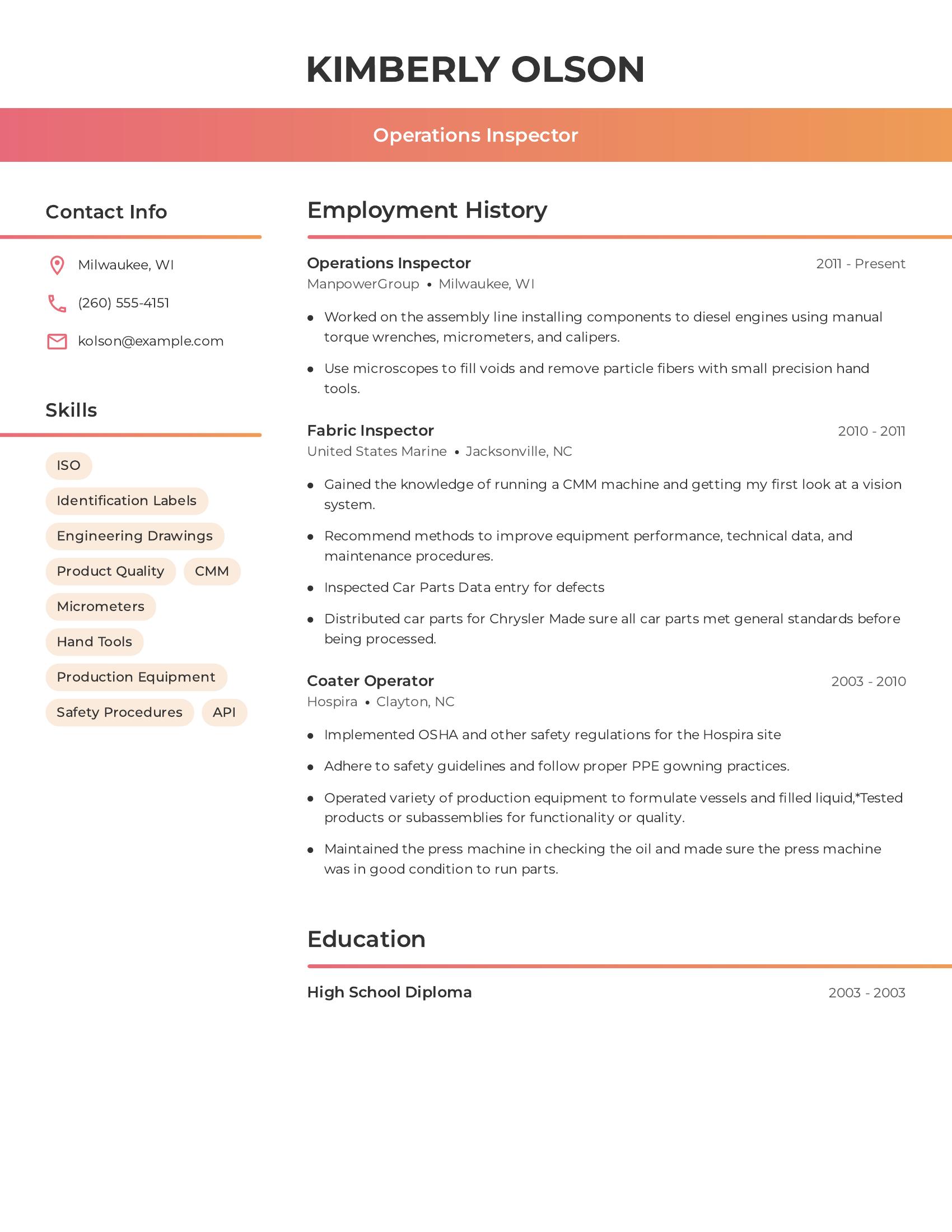 Operations Inspector resume example