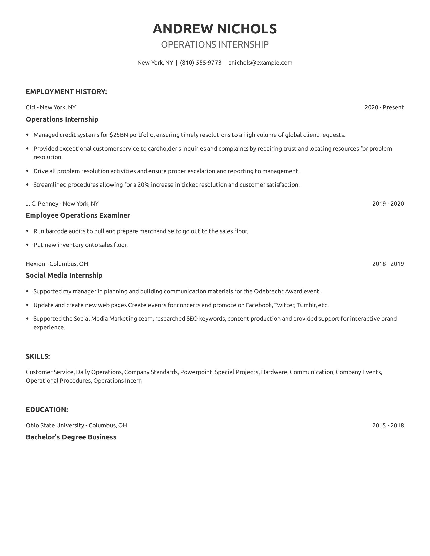 Operations Internship resume example