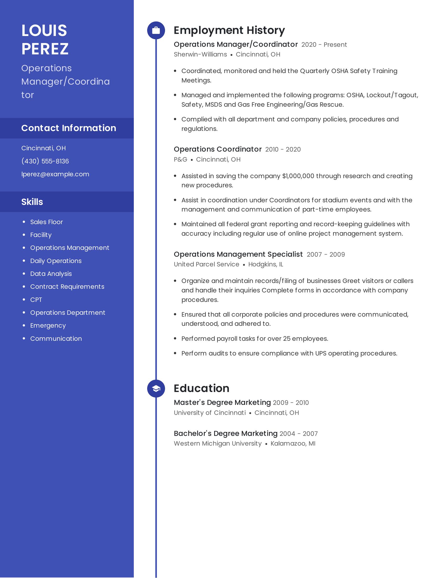 Operations Manager/Coordinator resume example