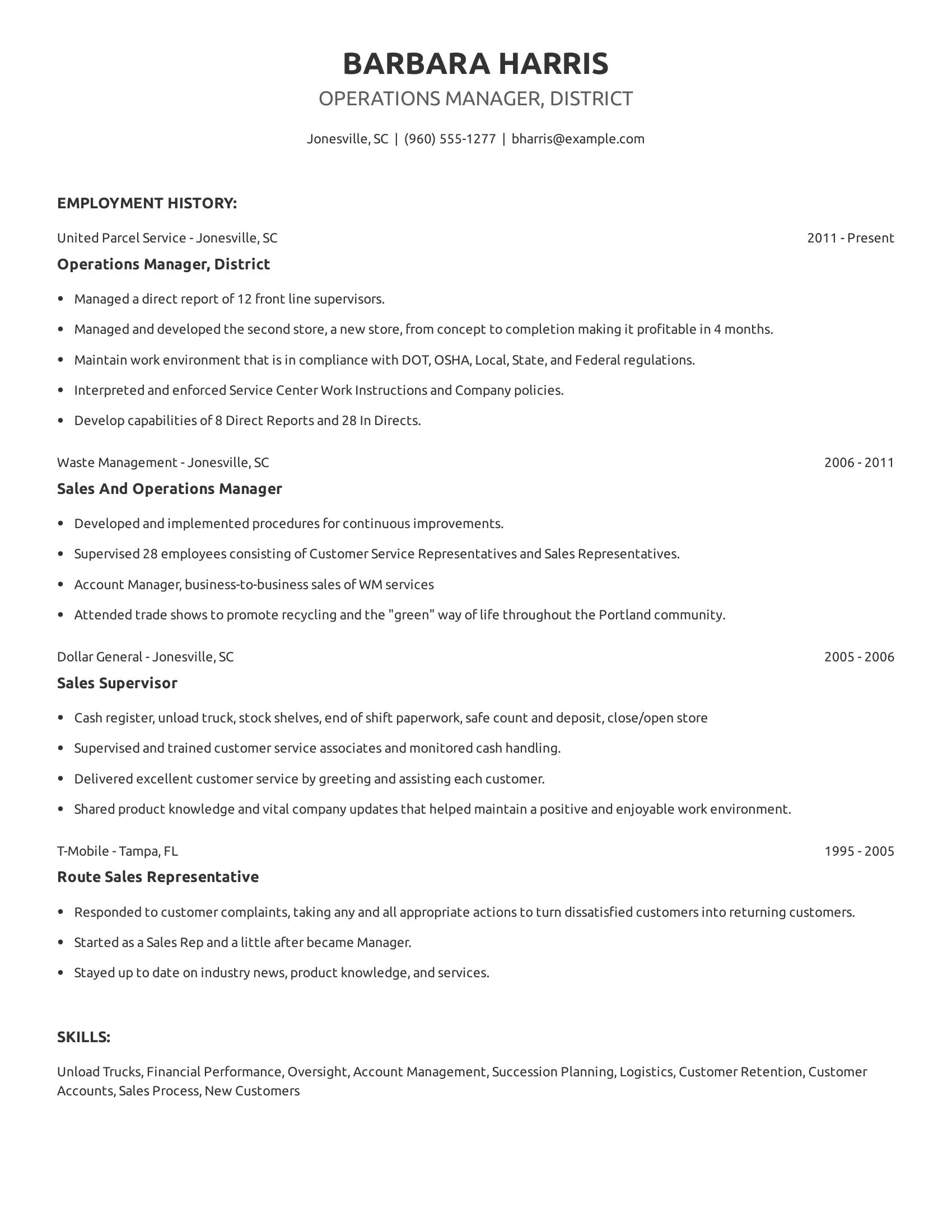 Operations Manager, District resume example