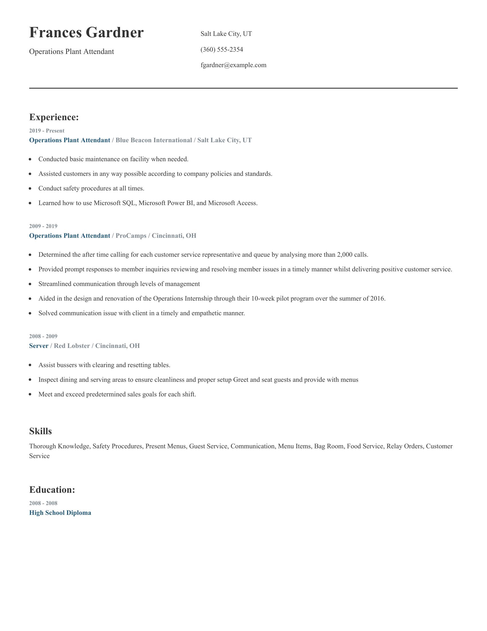 Operations Plant Attendant resume example