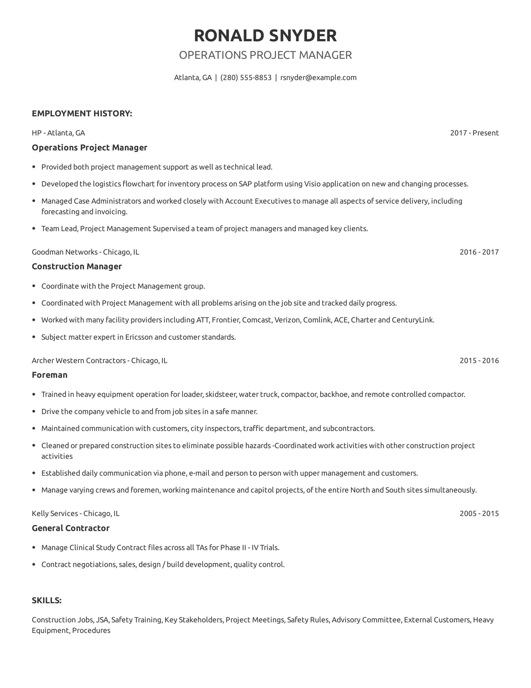 Operations Project Manager resume example