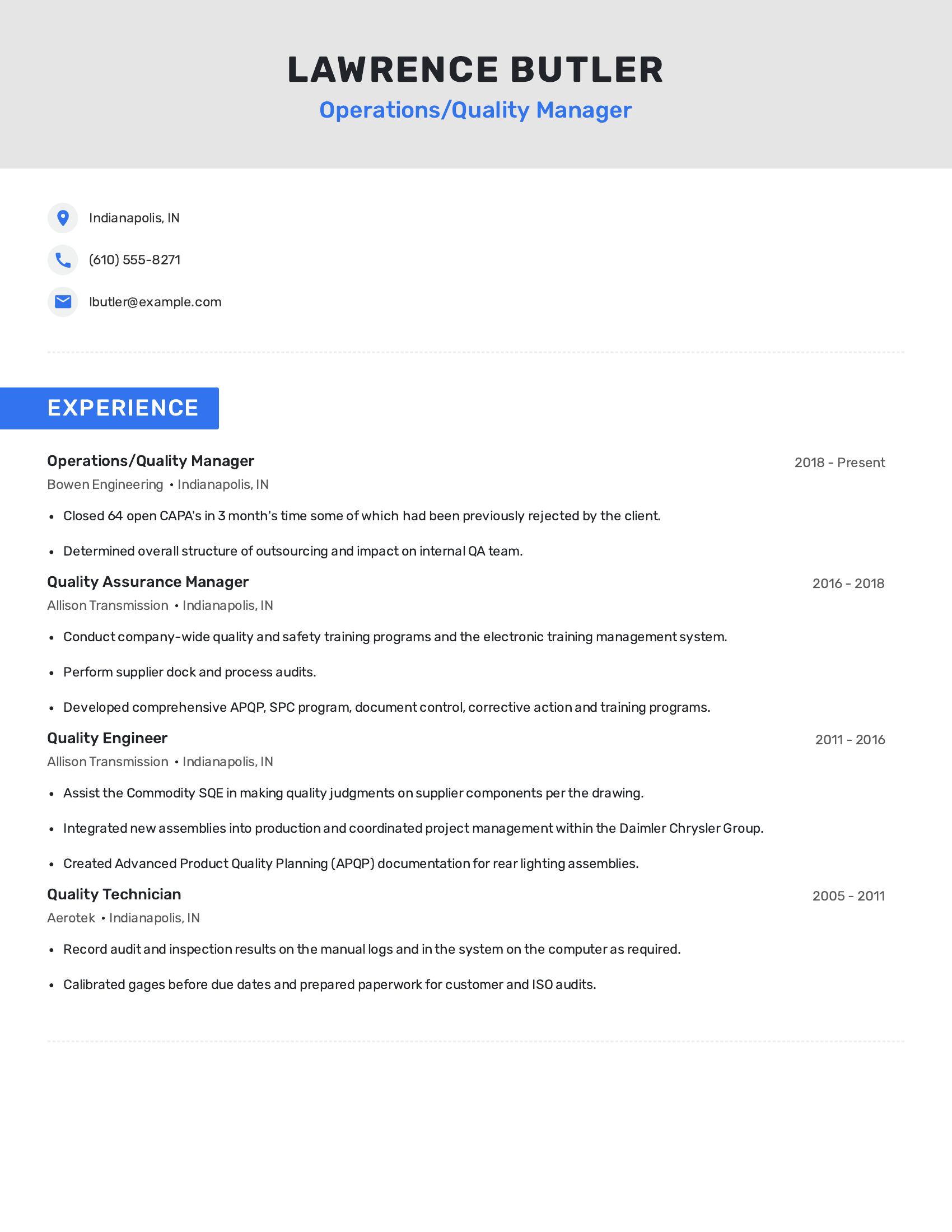 Operations/Quality Manager resume example
