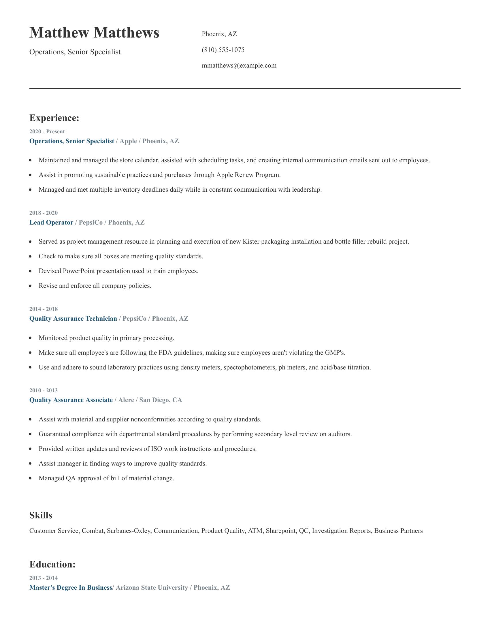 Operations, Senior Specialist resume example