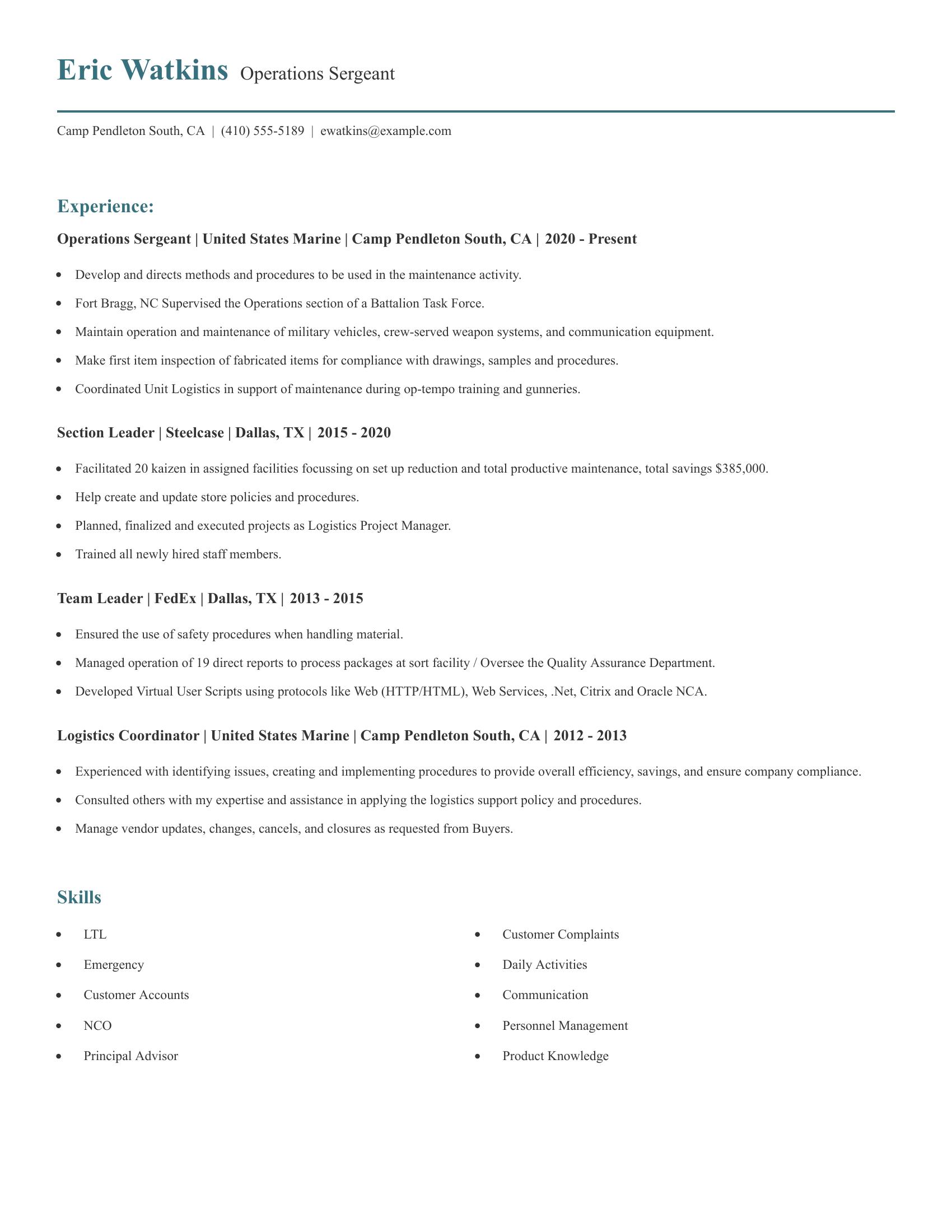 Operations Sergeant resume example