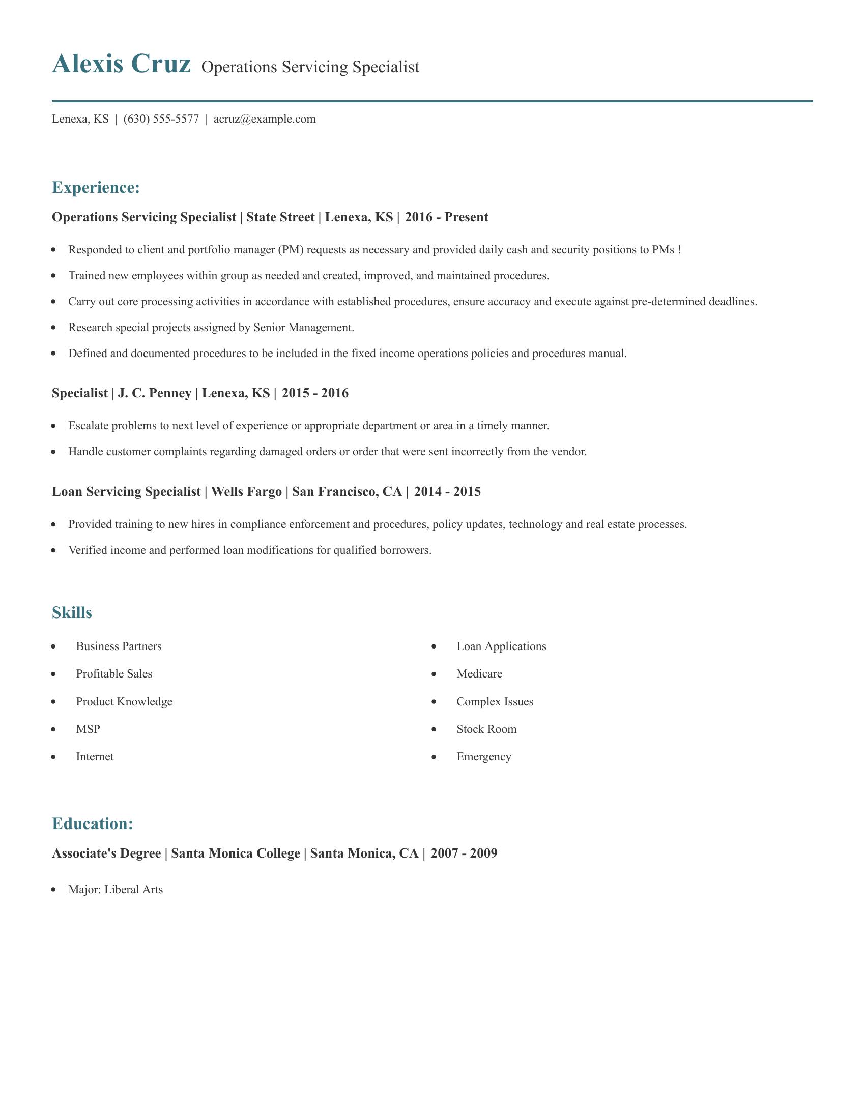 Operations Servicing Specialist resume example