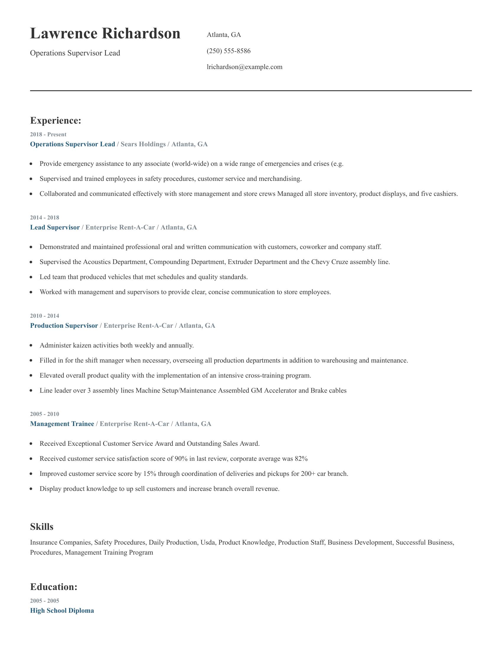 Operations Supervisor Lead resume example