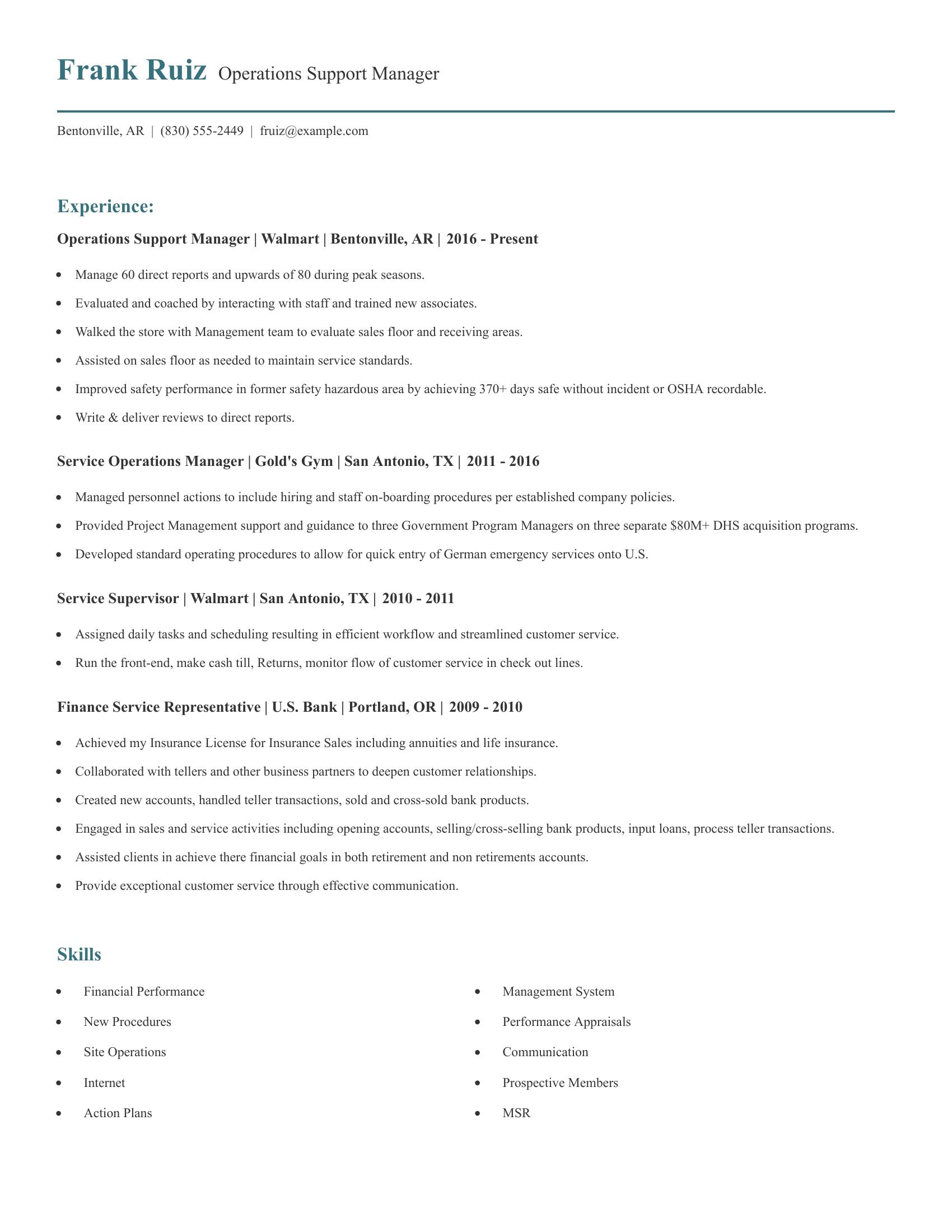 Operations Support Manager resume example