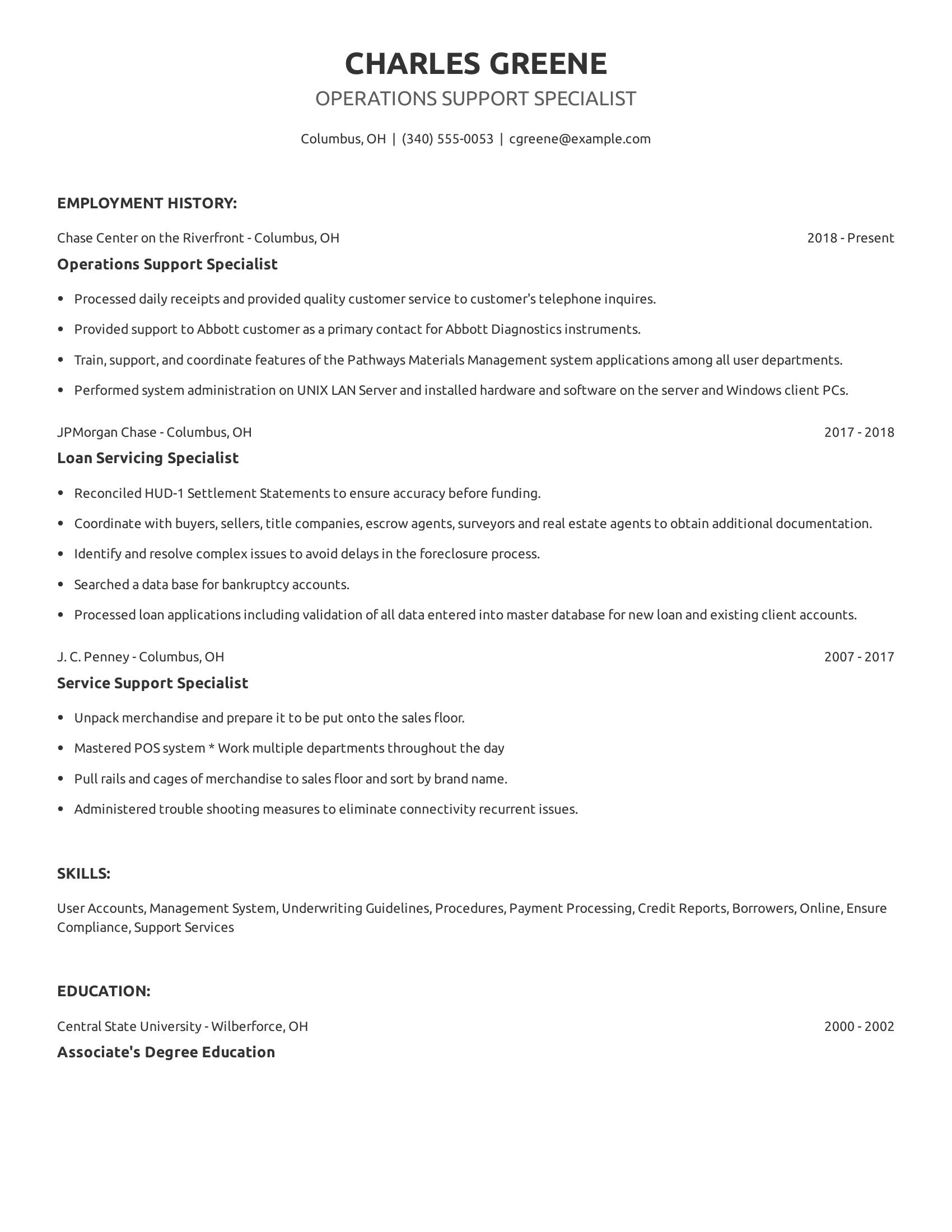 Operations Support Specialist resume example