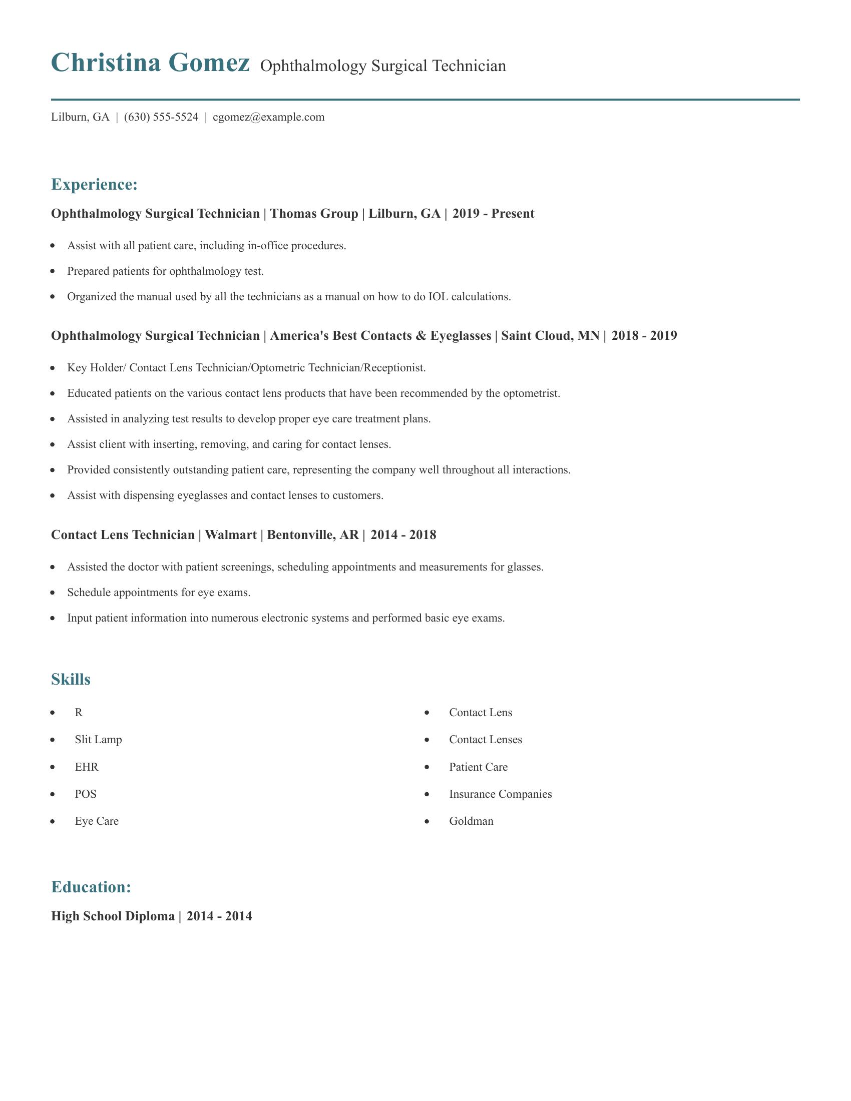 Ophthalmology Surgical Technician resume example