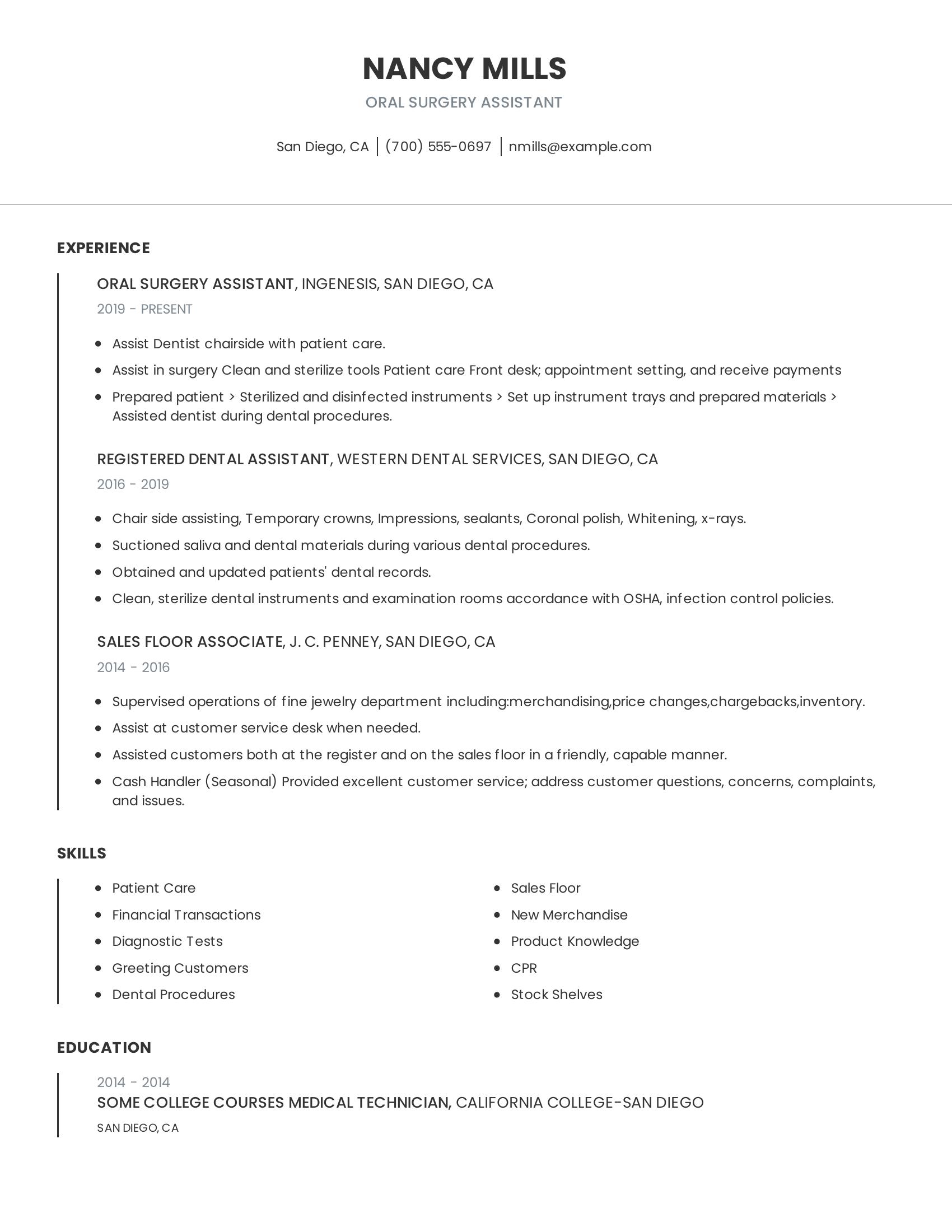 Oral Surgery Assistant resume example