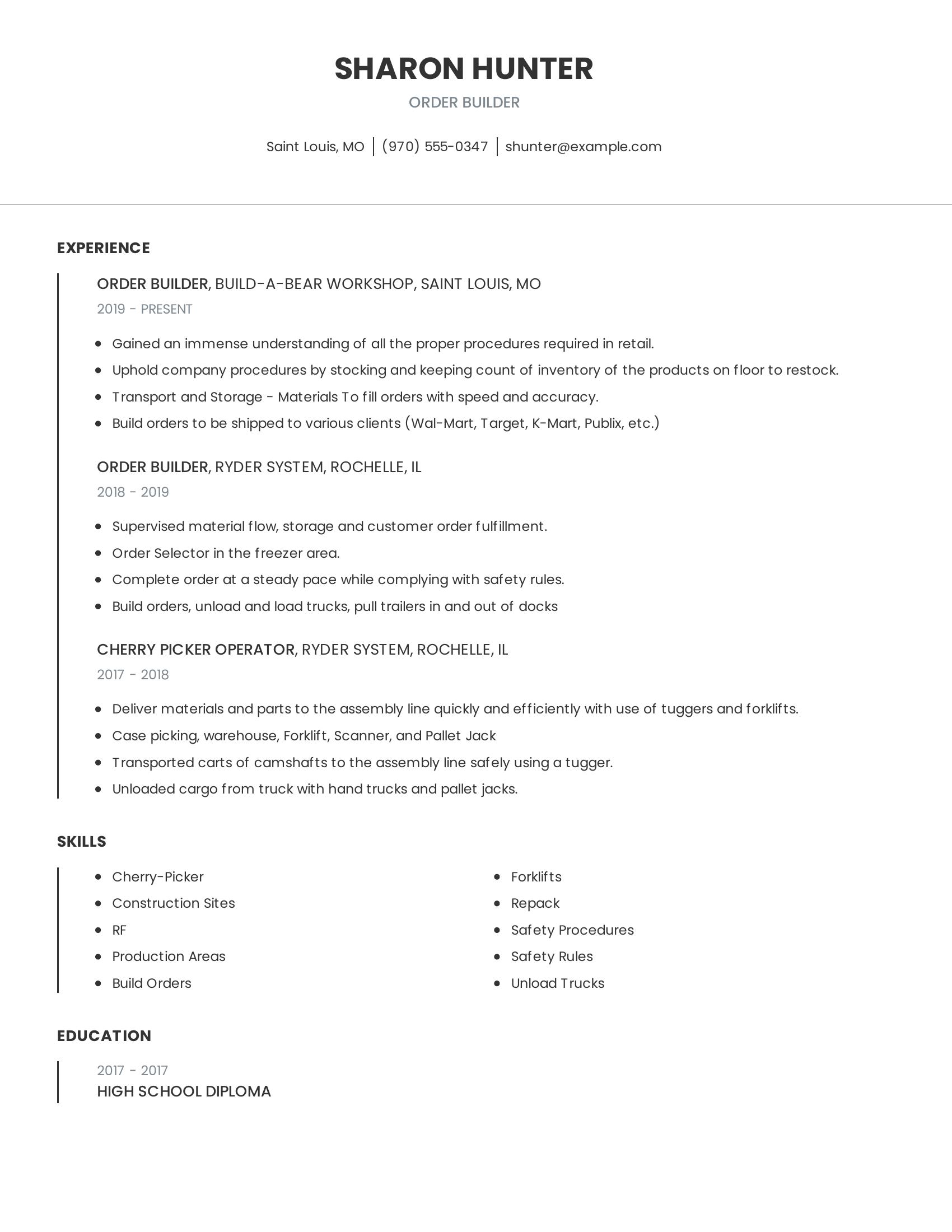 Order Builder resume example