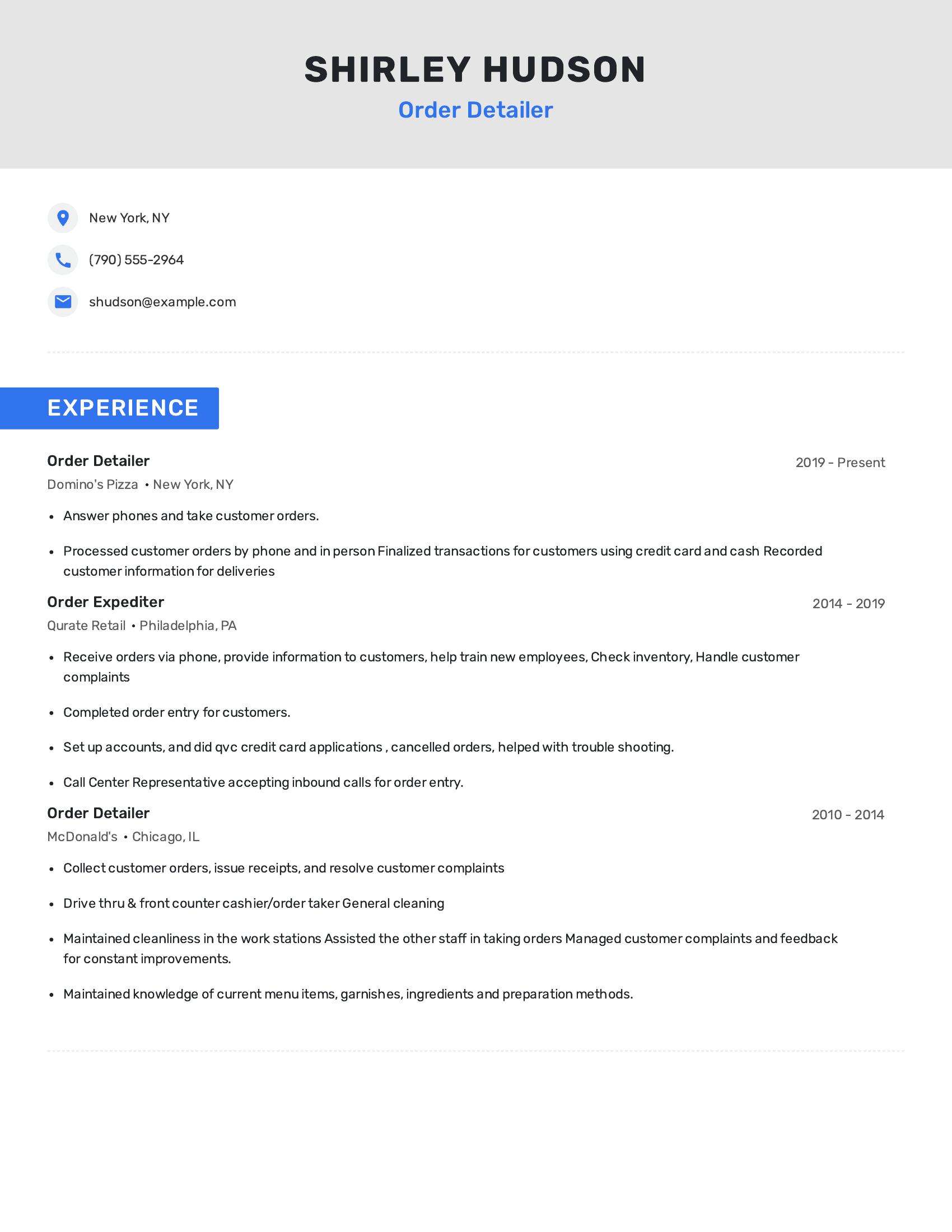 Order Detailer resume example