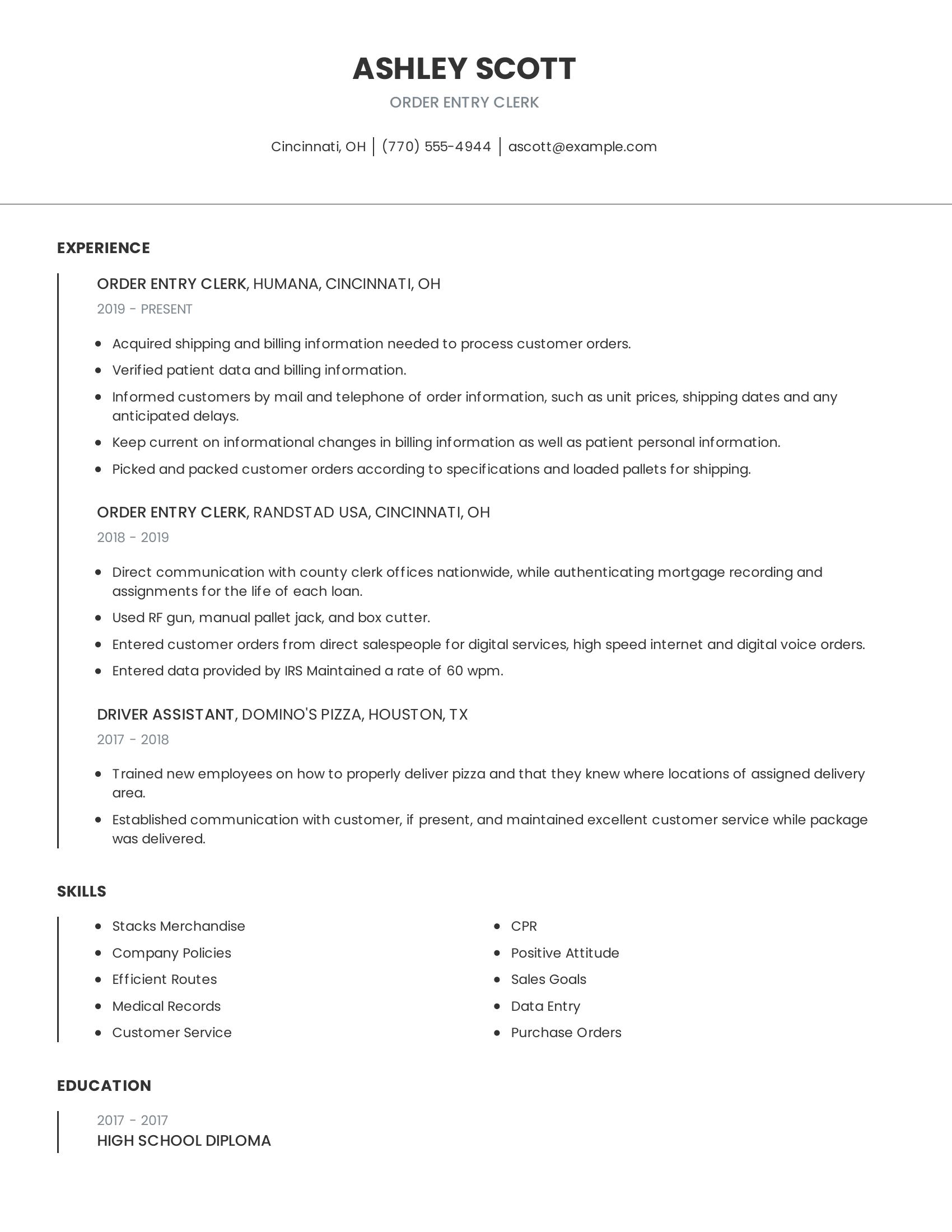 Order Entry Clerk resume example