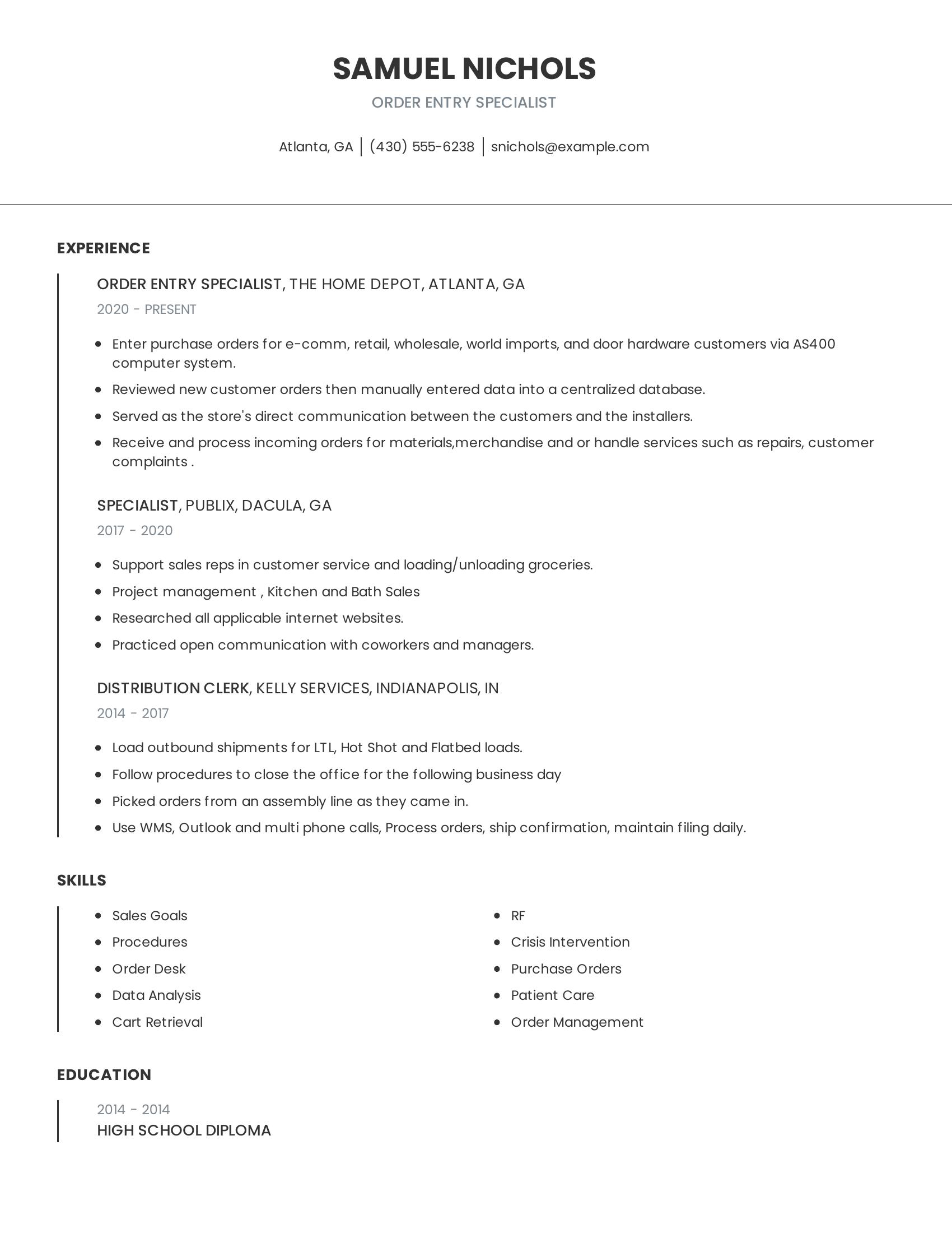 Order Entry Specialist resume example