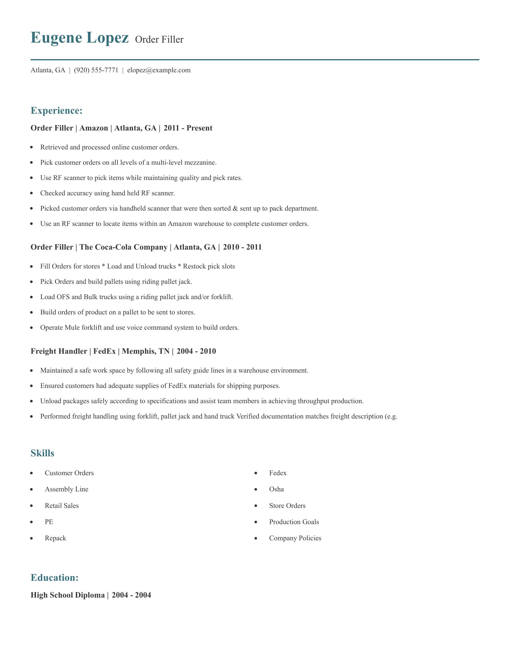 Order Filler resume example