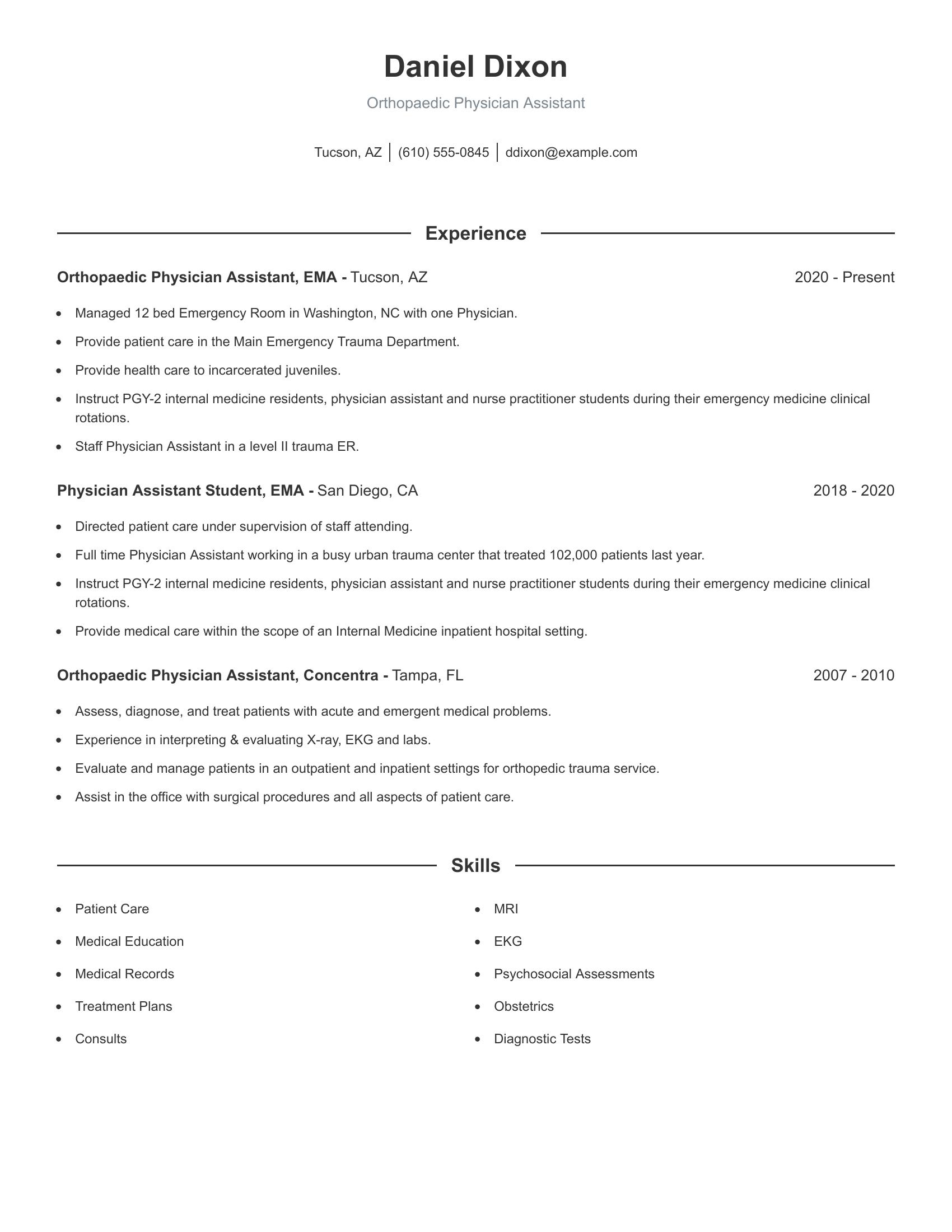 Orthopaedic Physician Assistant resume example