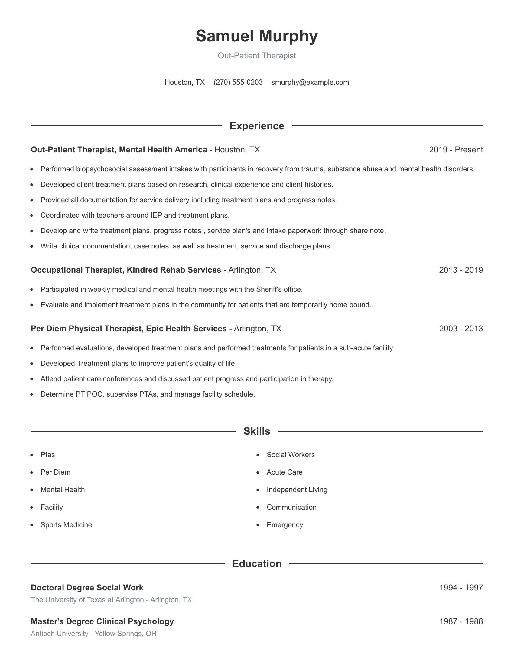 Out-Patient Therapist resume example