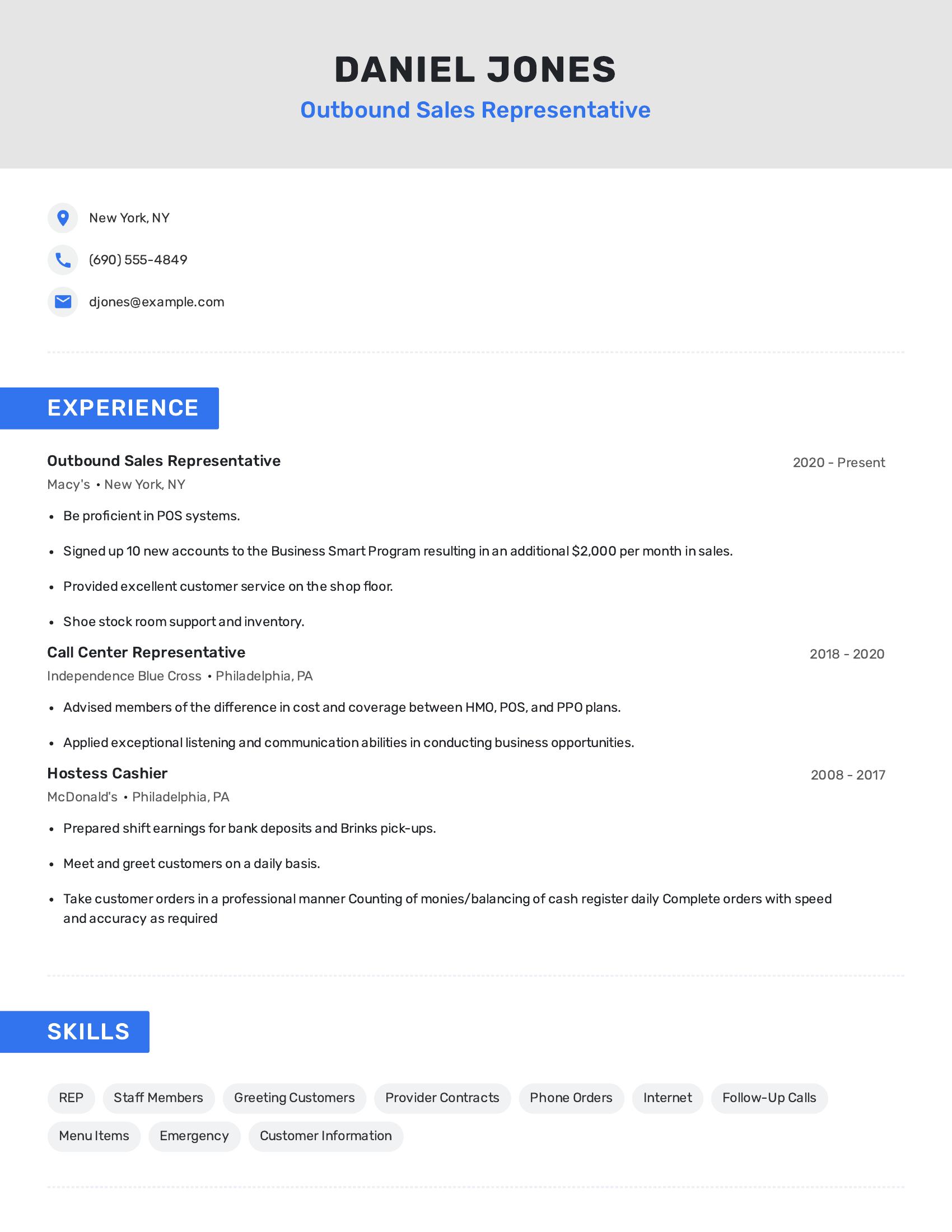Outbound Sales Representative resume example