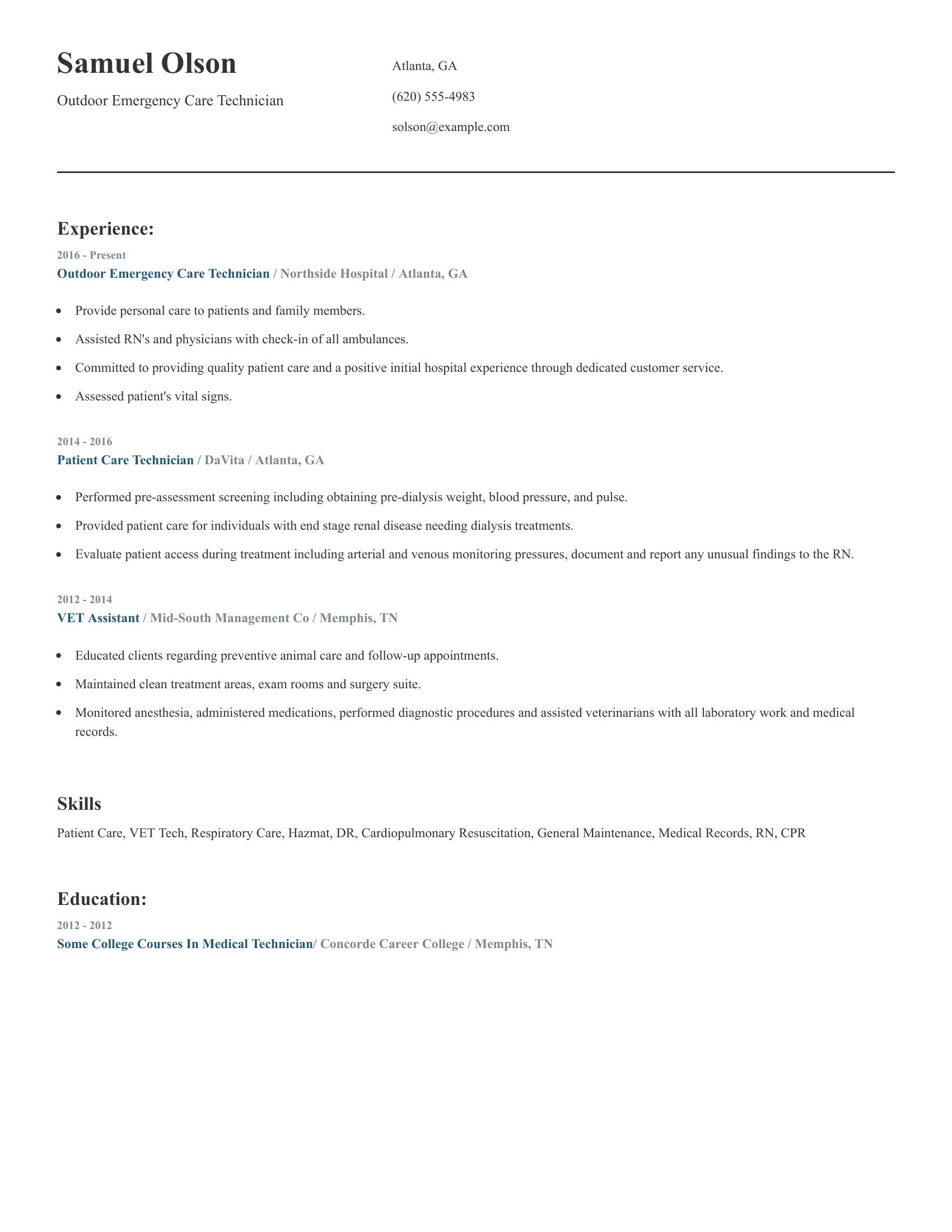 Outdoor Emergency Care Technician resume example