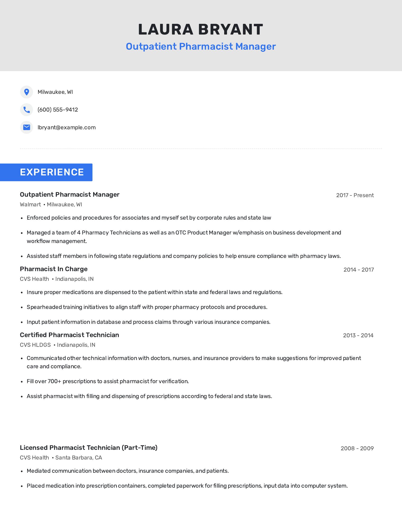 Outpatient Pharmacist Manager resume example