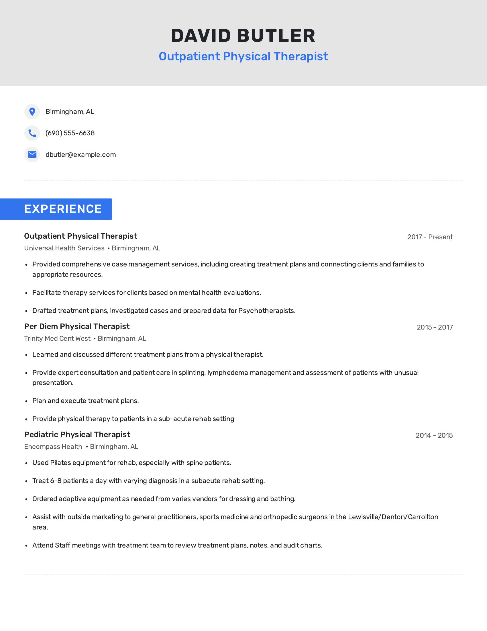 Outpatient Physical Therapist resume example