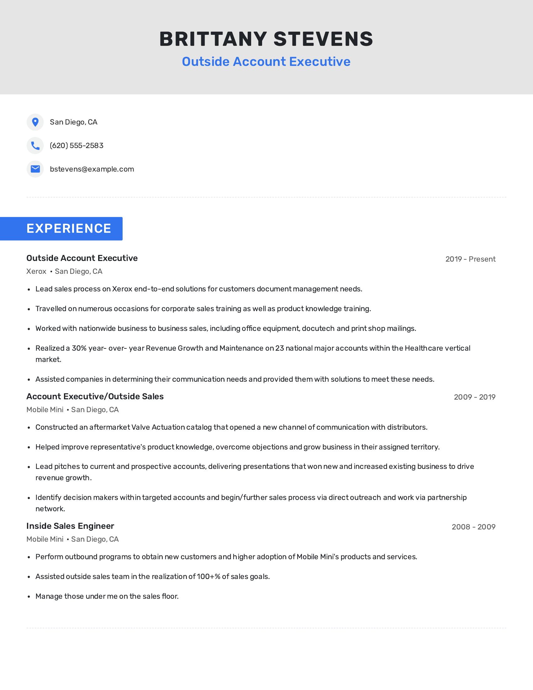 Outside Account Executive resume example