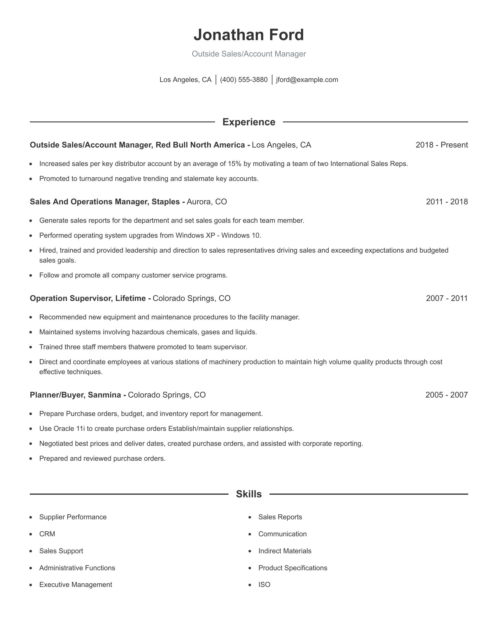 Outside Sales/Account Manager resume example