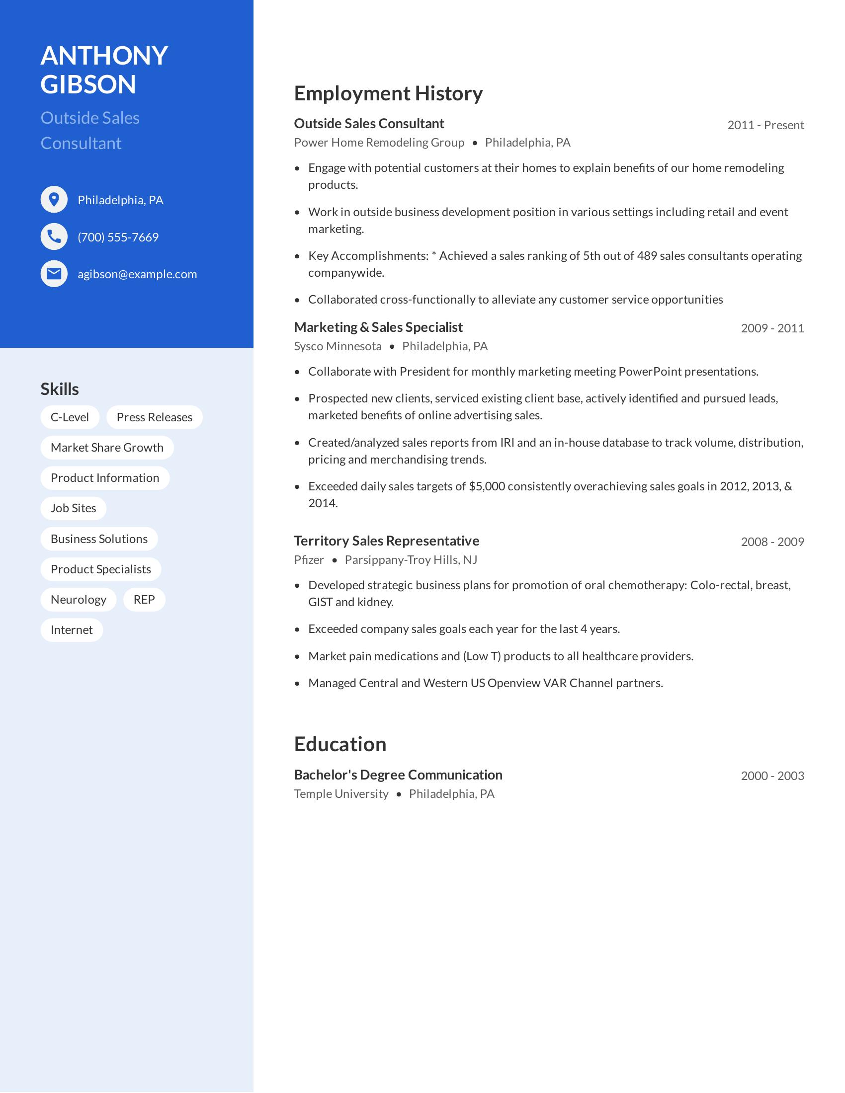 Outside Sales Consultant resume example