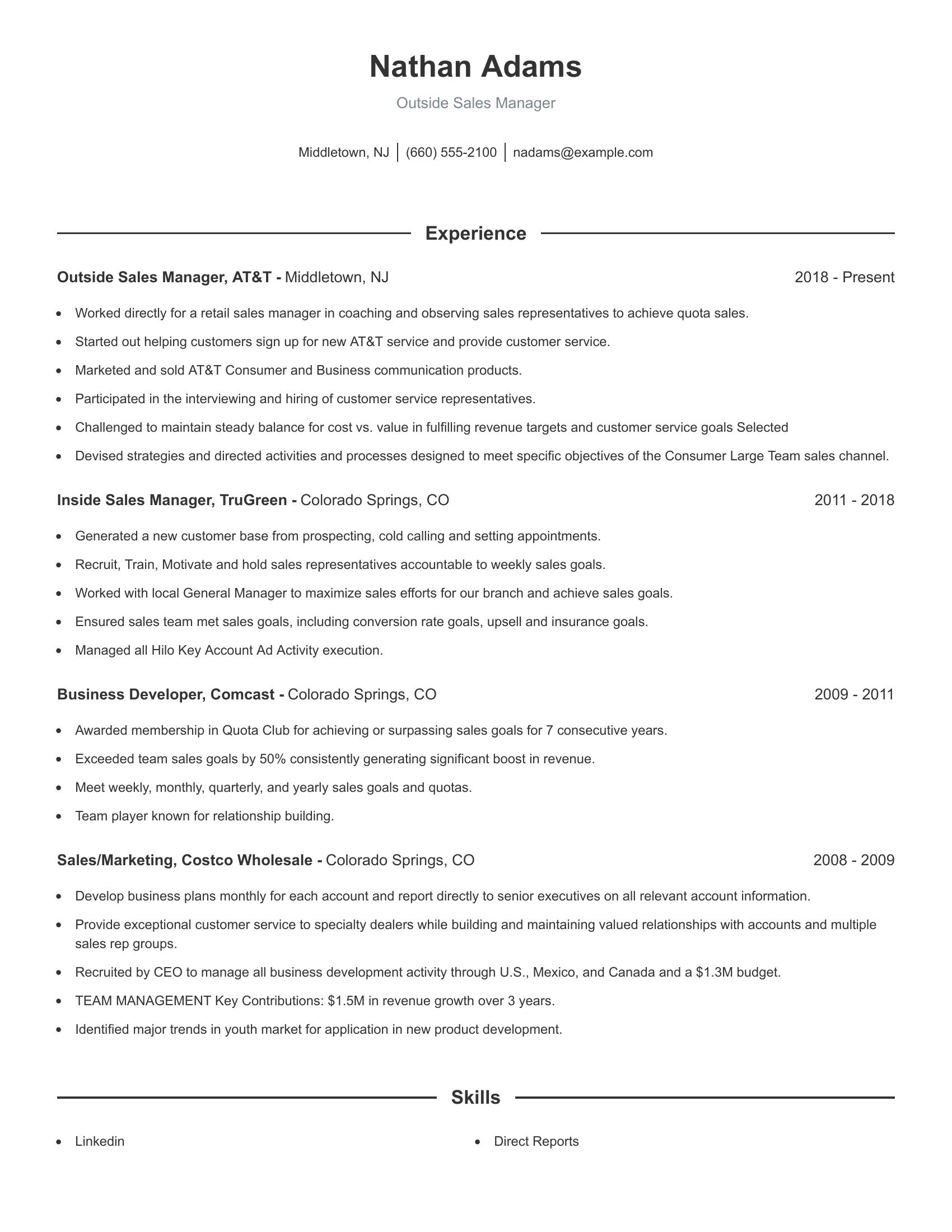 Outside Sales Manager resume example