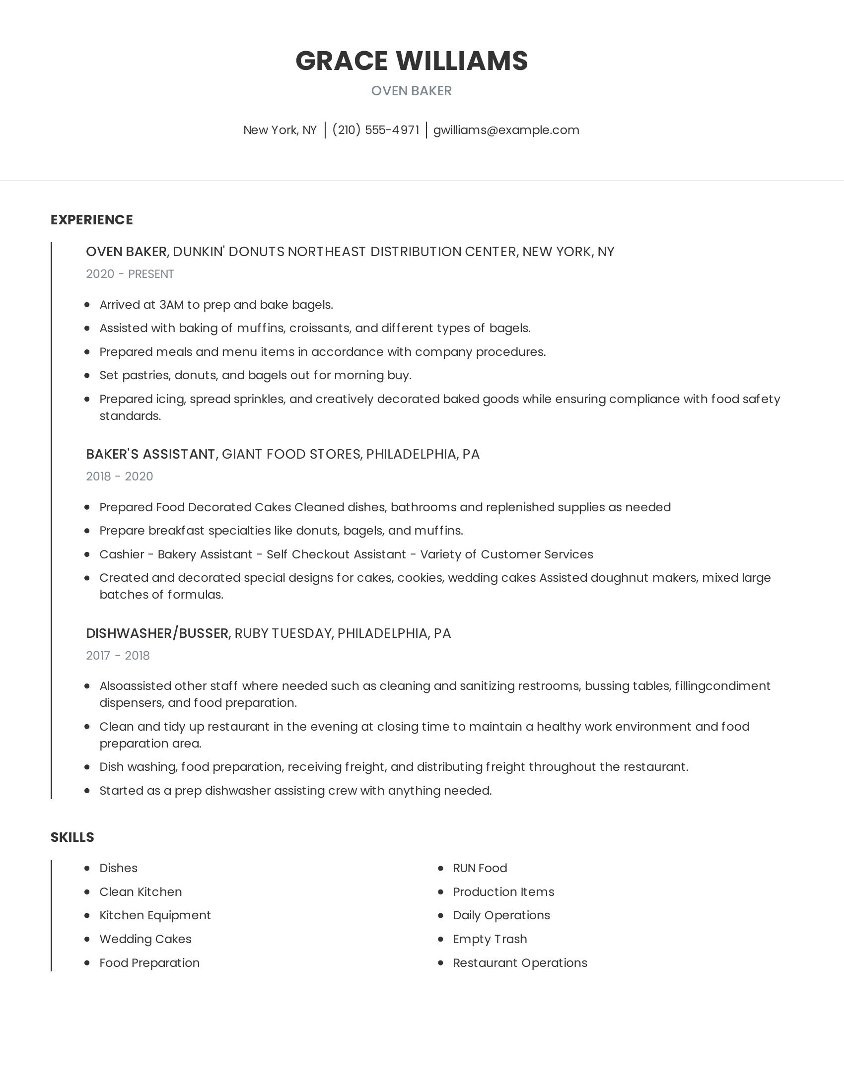 Oven Baker resume example