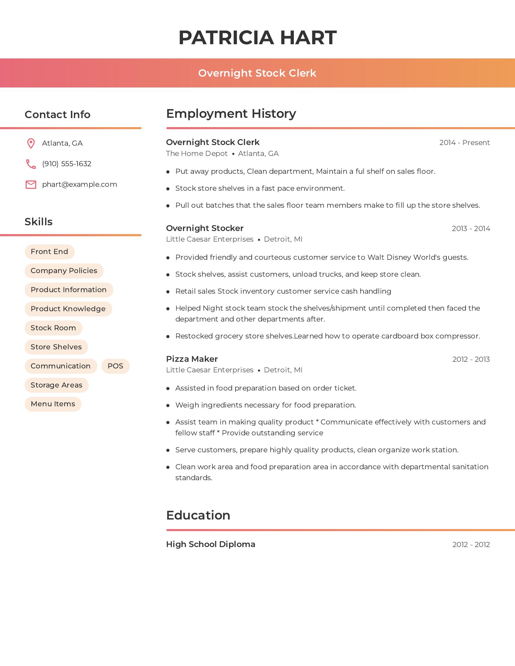 Overnight Stock Clerk resume example