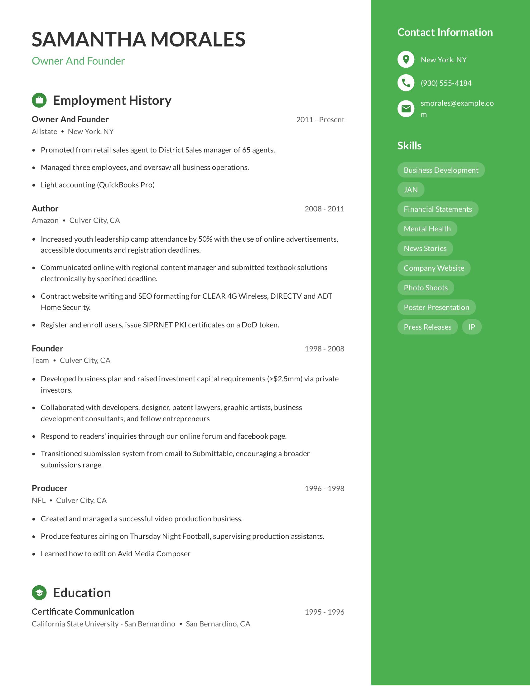 Owner And Founder resume example