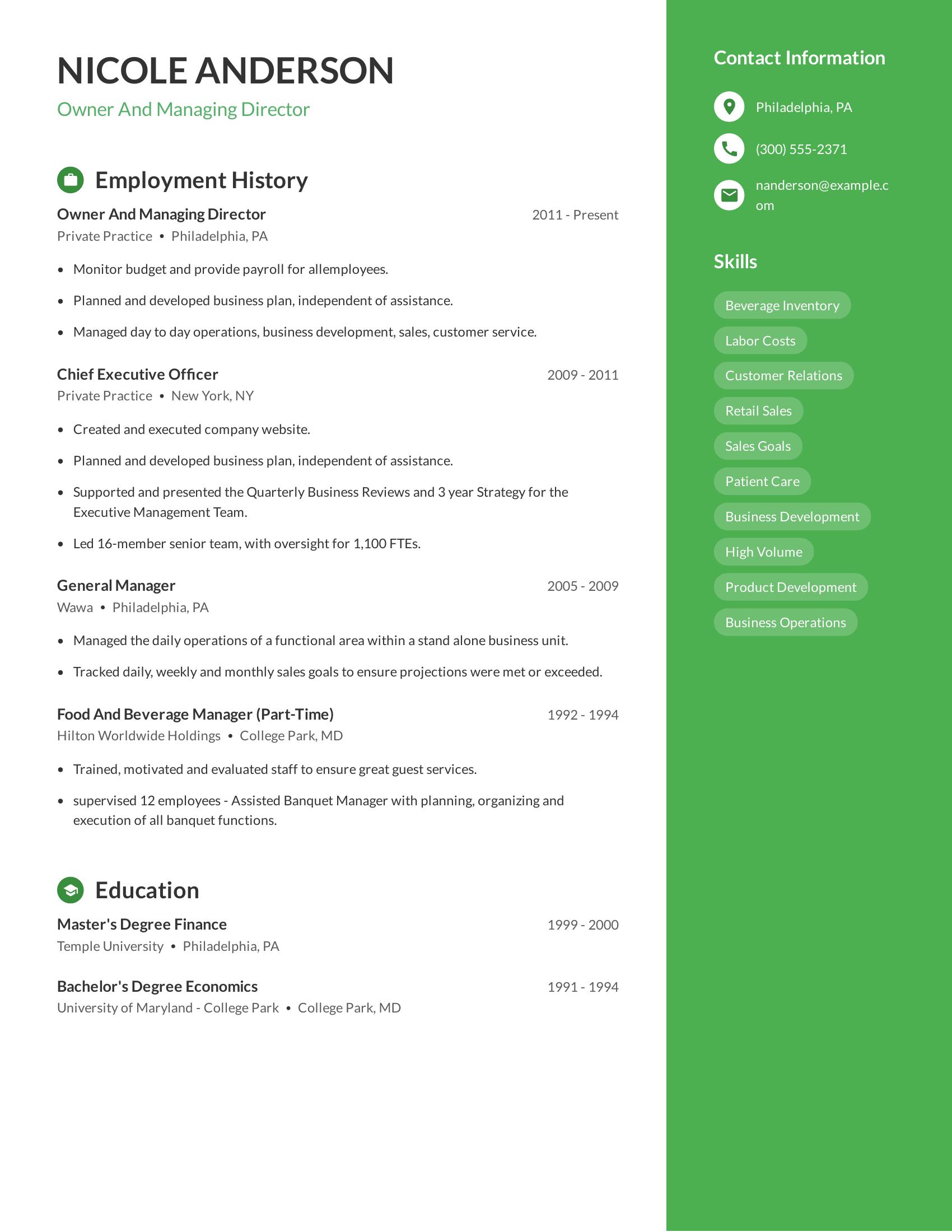 Owner And Managing Director resume example