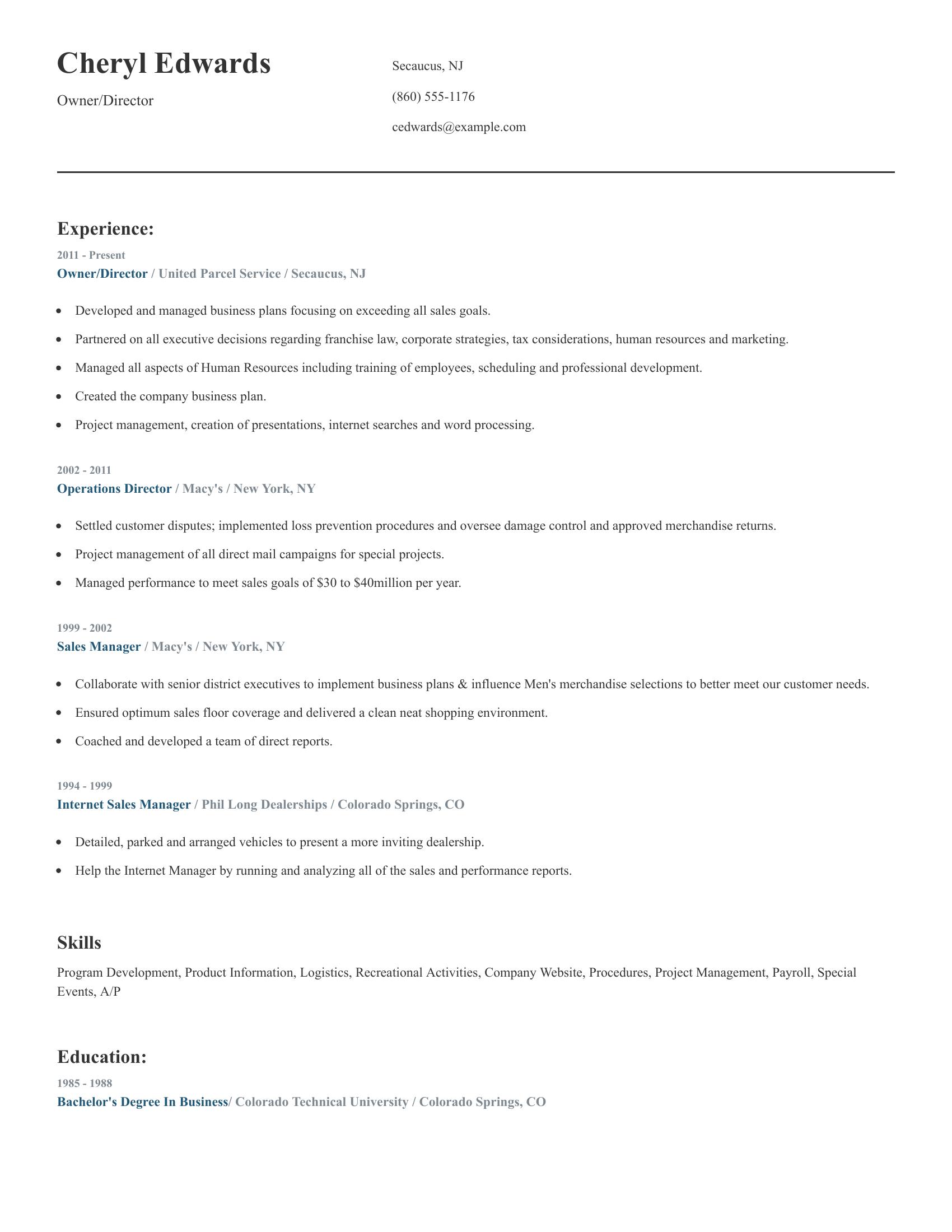 Owner/Director resume example