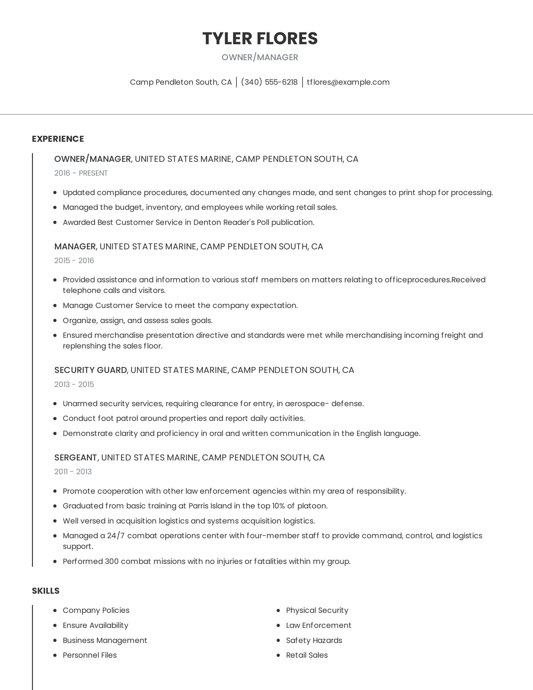 Owner/Manager resume example