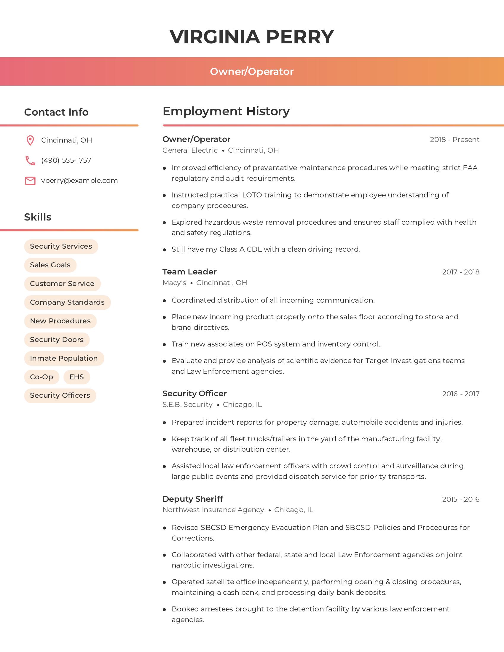 Owner/Operator resume example