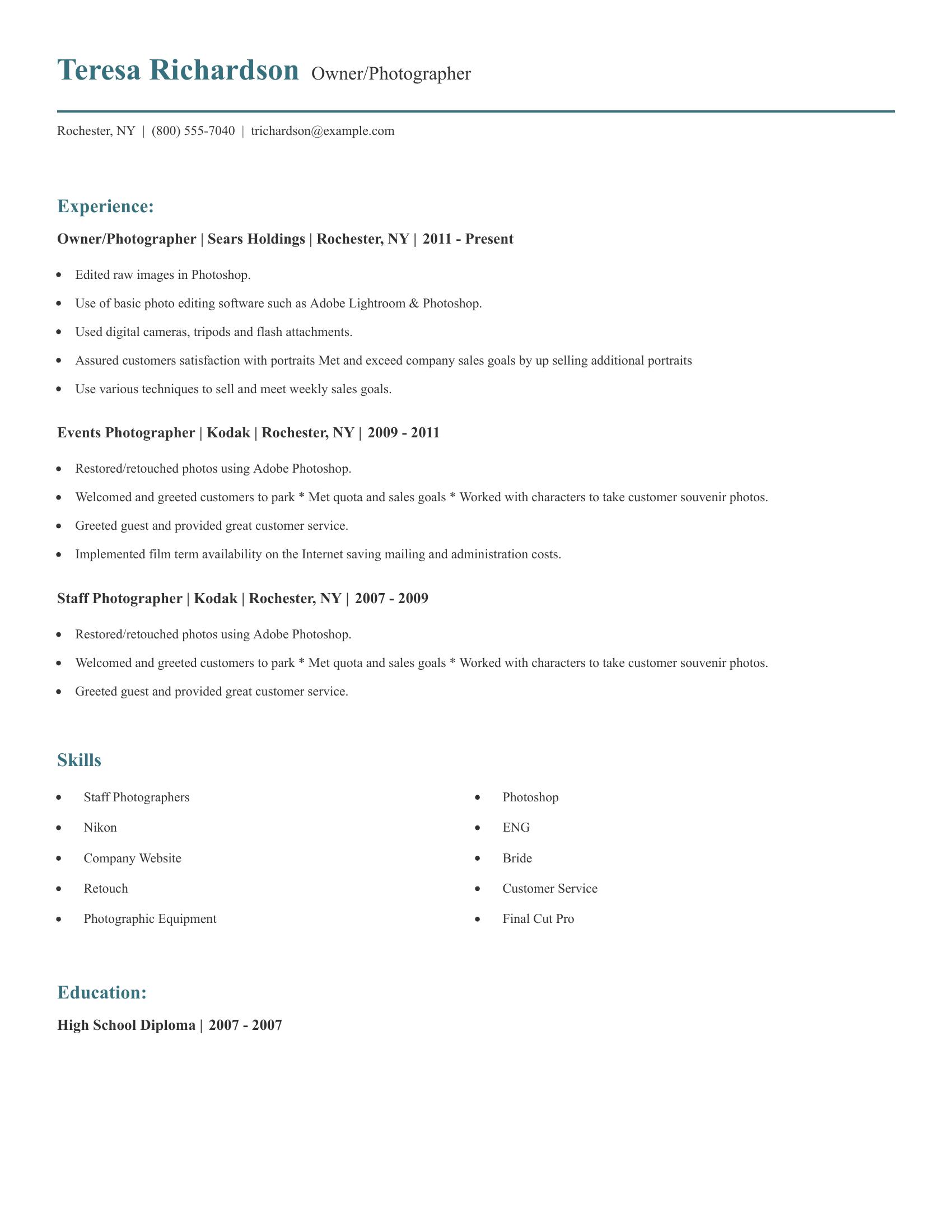 Owner/Photographer resume example