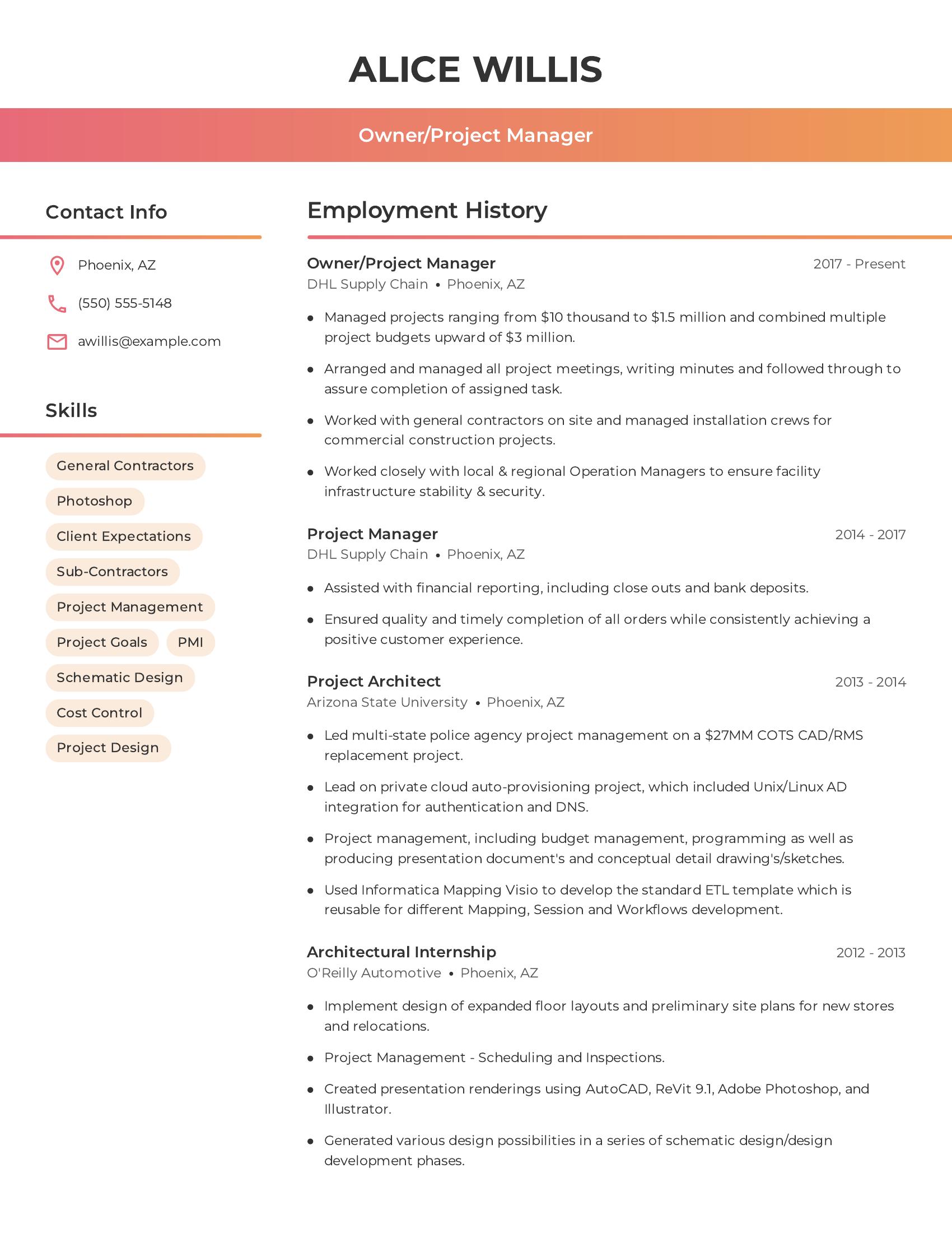 Owner/Project Manager resume example