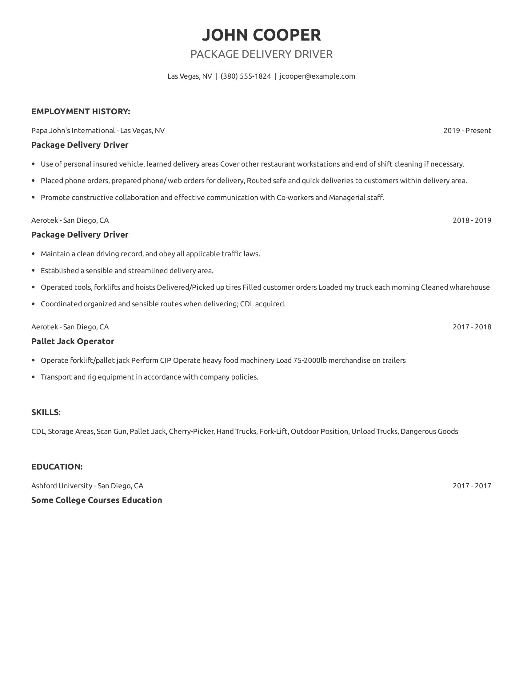 Package Delivery Driver resume example