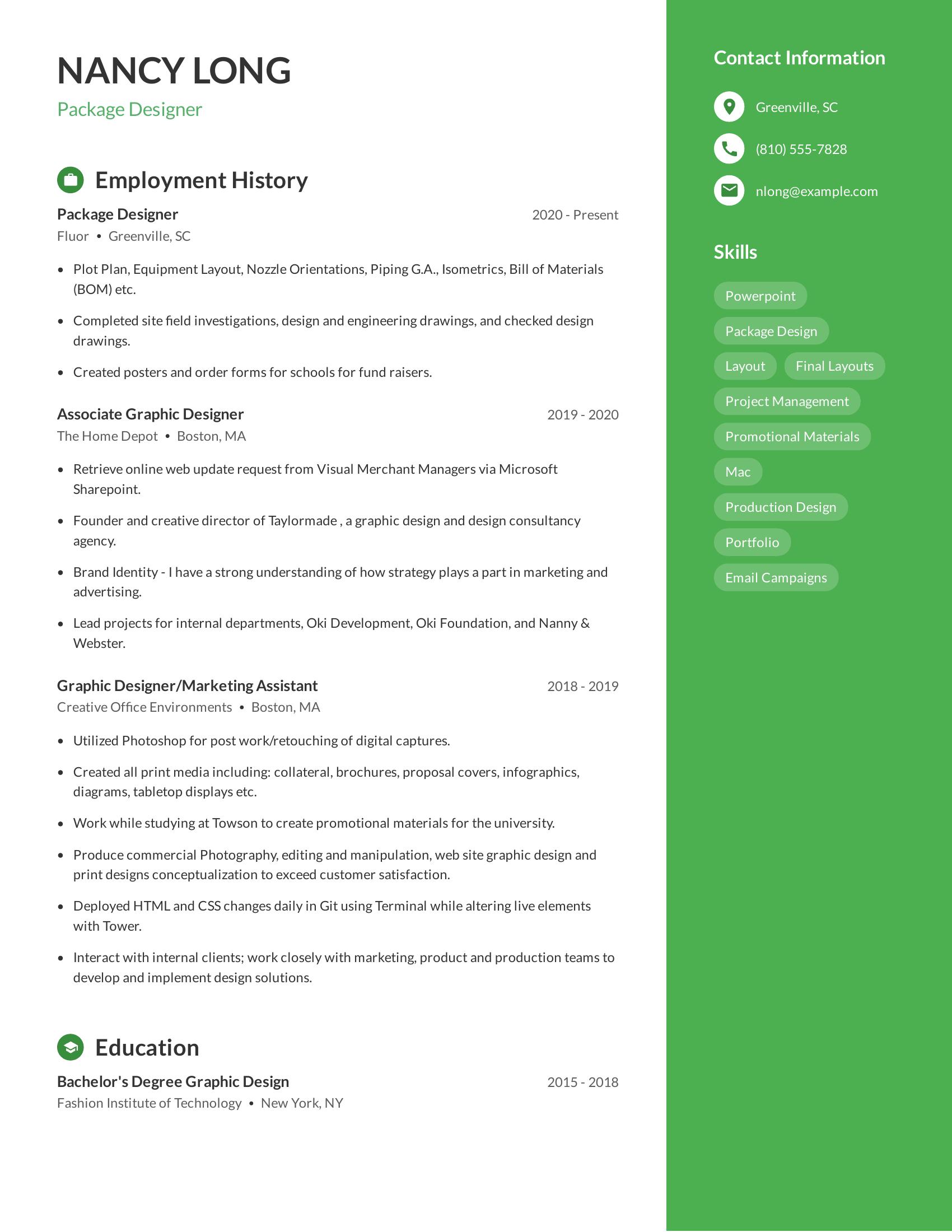 Package Designer resume example