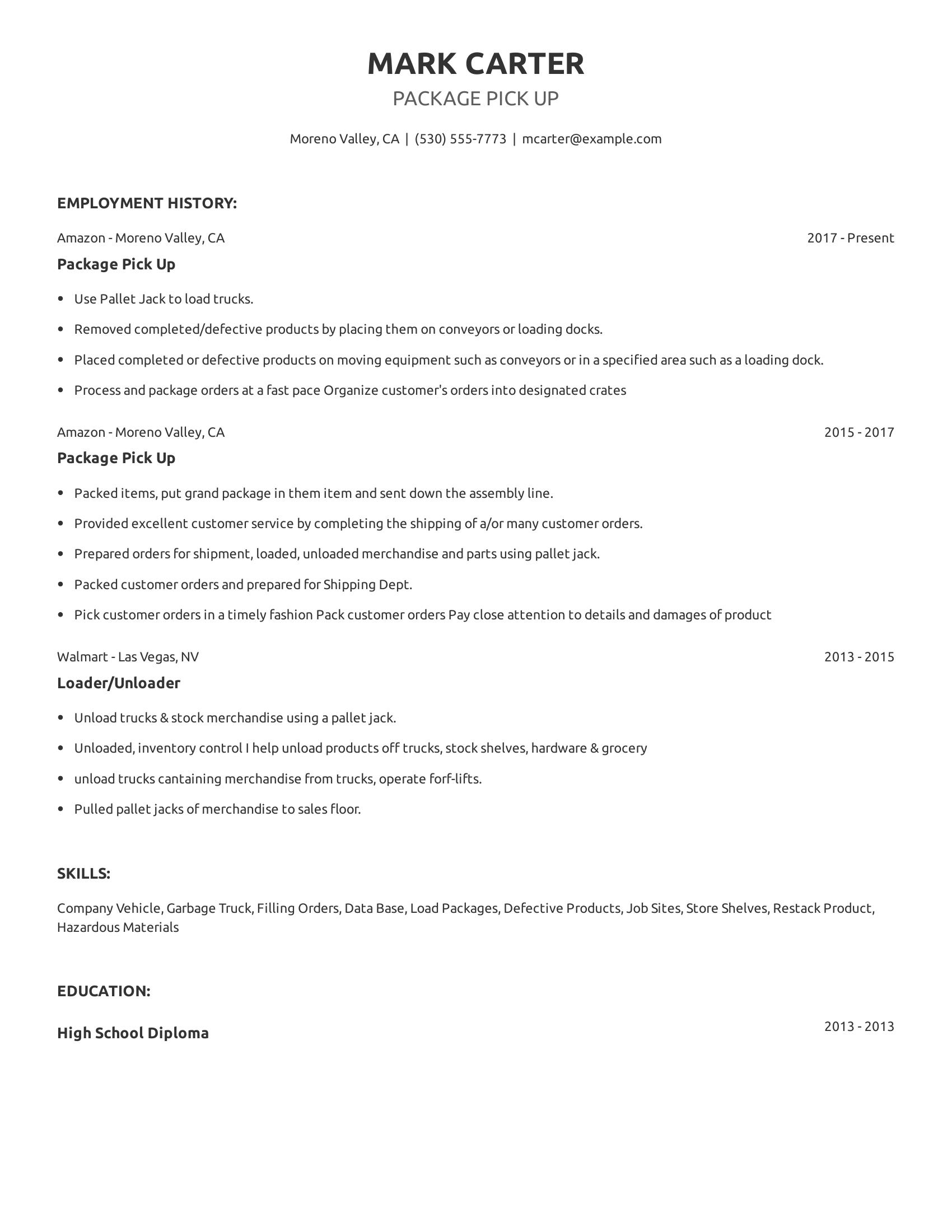 Package Pick Up resume example