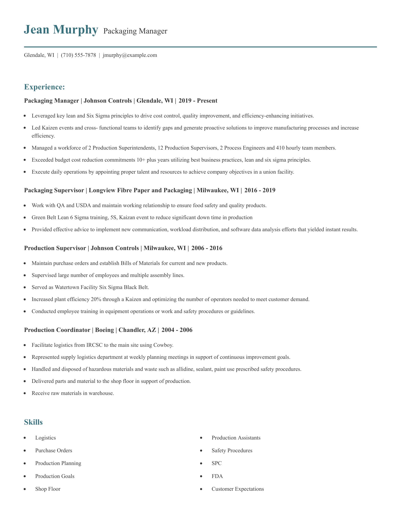 Packaging Manager resume example