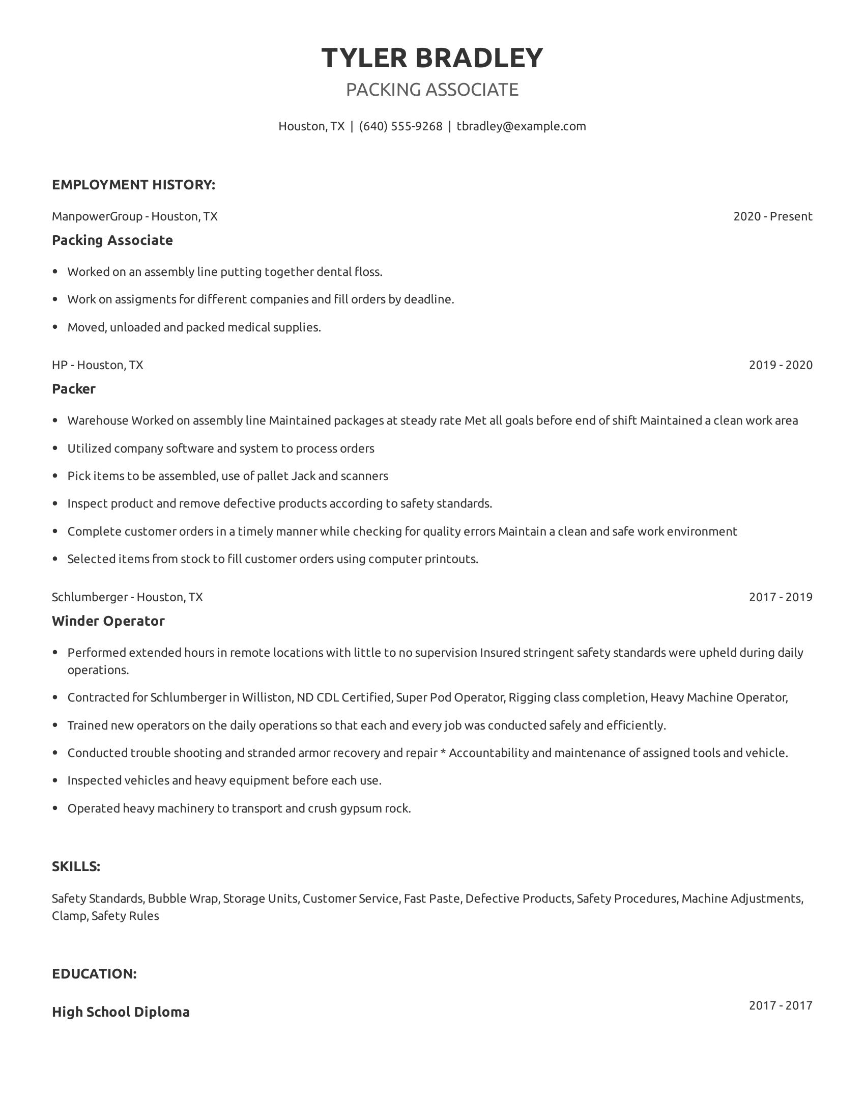 Packing Associate resume example