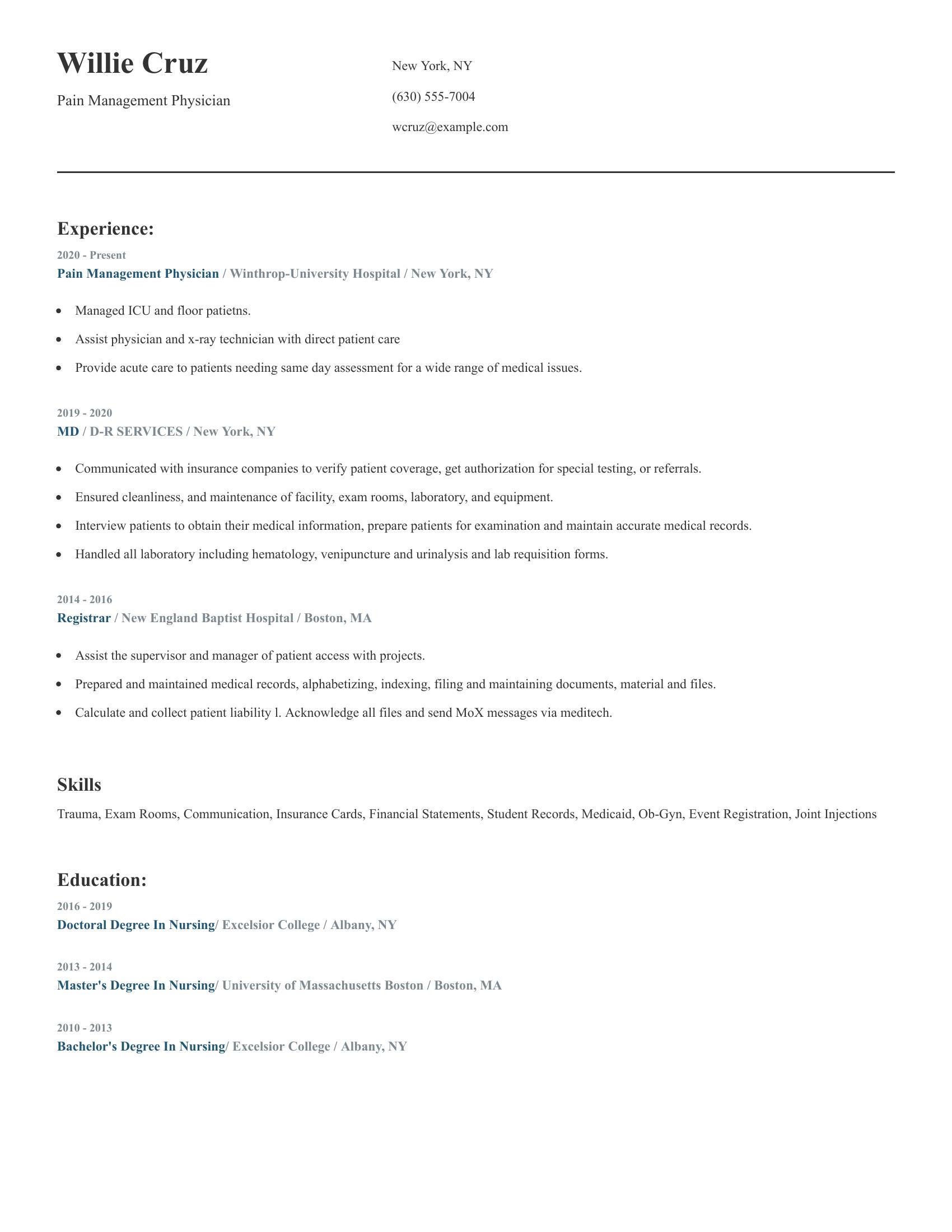 Pain Management Physician resume example